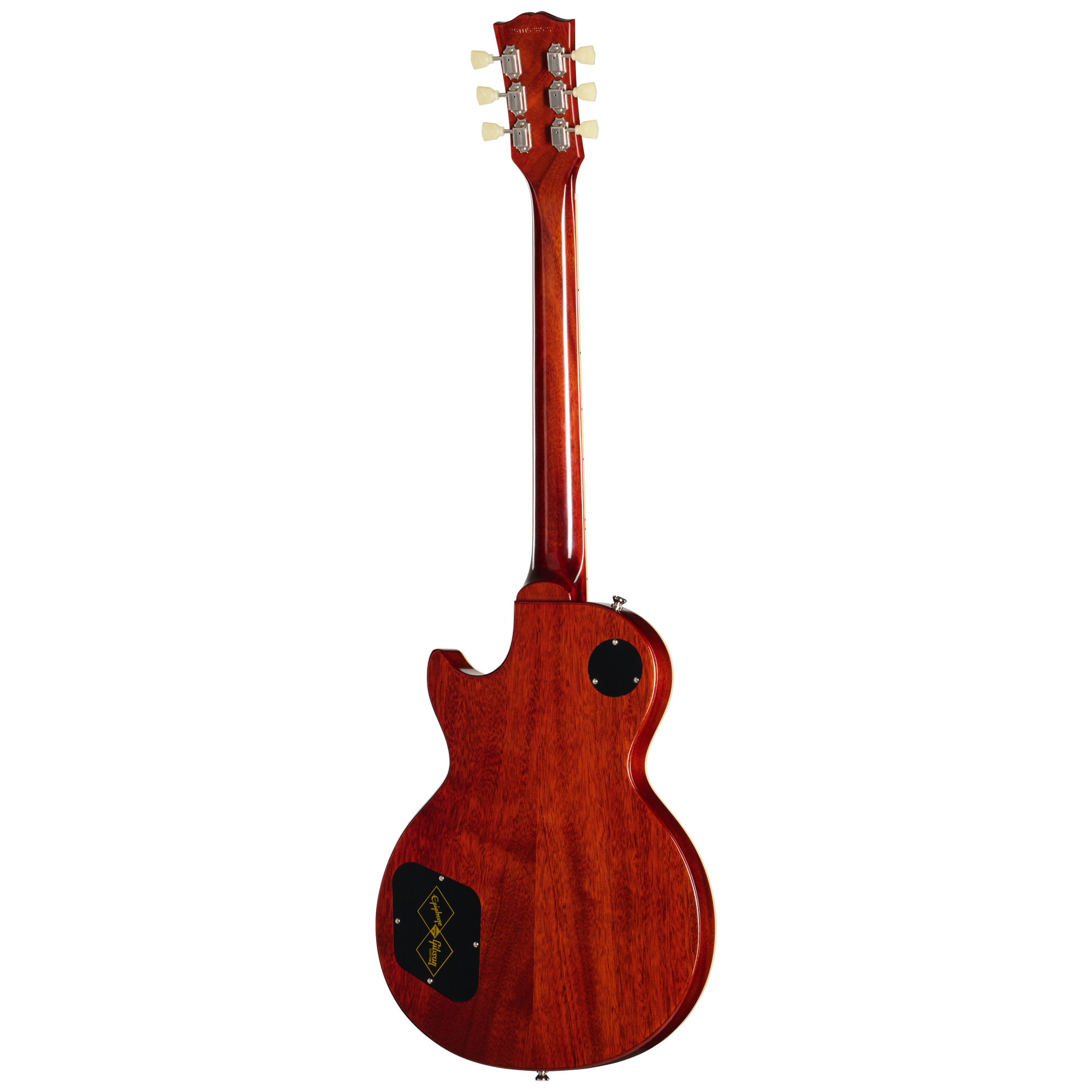 E-Gitarre, Mahagonikorpus, rotbraunes Holz, glänzende Lackierung, sechs Saiten
