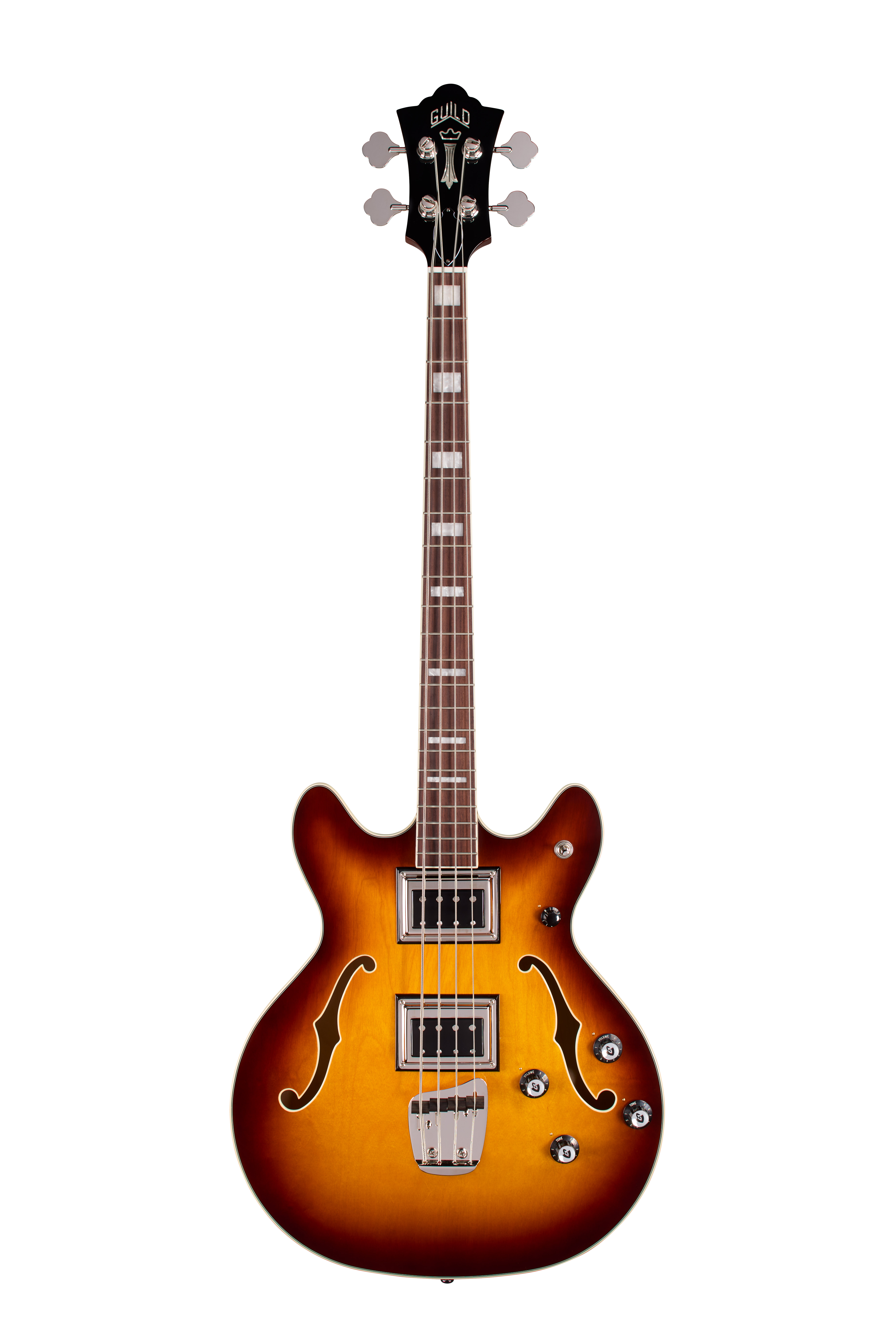 E-Bass, Hohlkorpus, Sunburst, Doppelspul-Tonabnehmer, F-Löcher