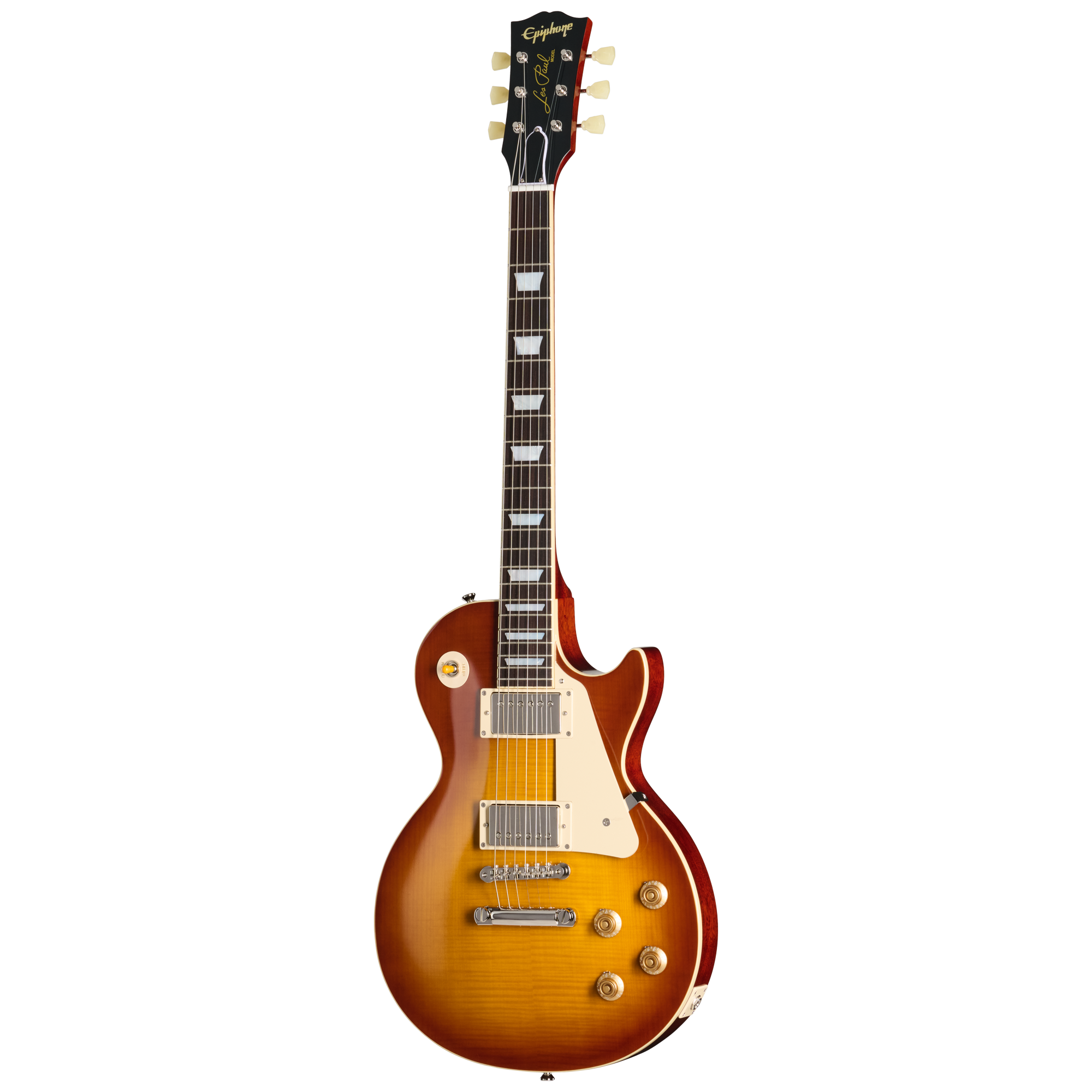 E-Gitarre, Mahagonikorpus, Sunburst-Lackierung, Doppel-Humbucker, Cremefarbenes Schlagbrett