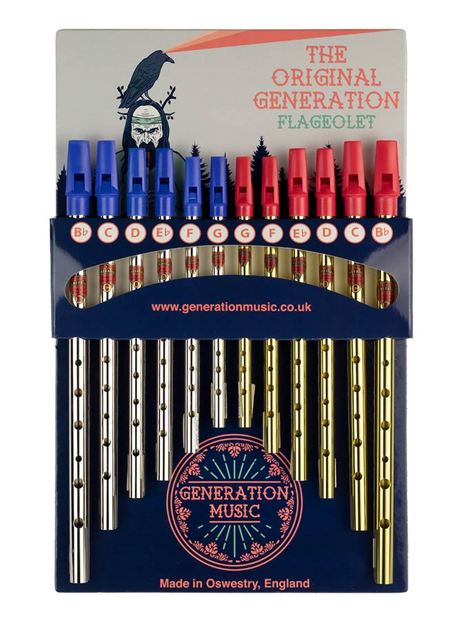 Tin Whistle Display mit 12 Tin Whistles (6 x Nickel, 6 x Messing)