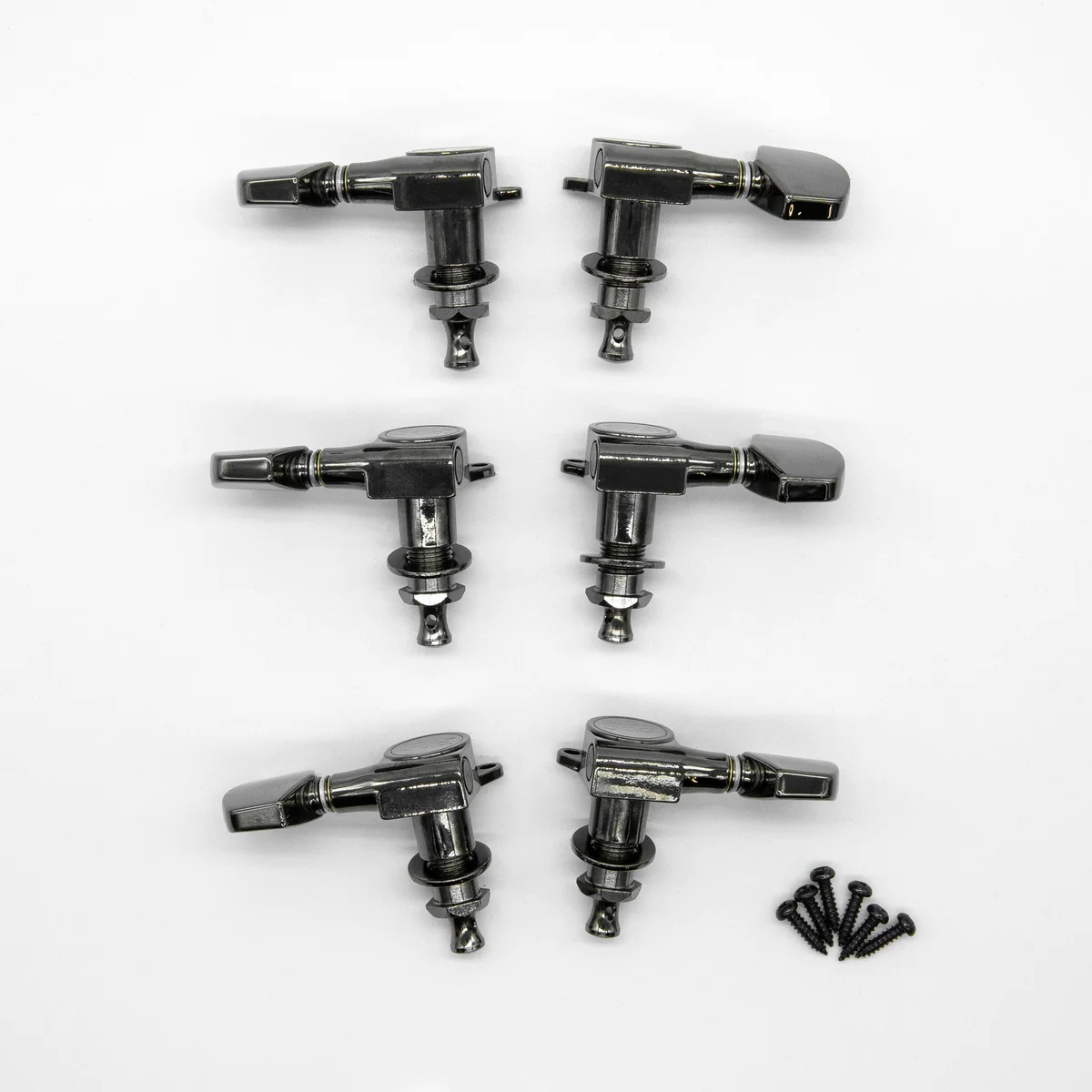 Gitarrenmechaniken, Sechs Stück, Schwarzes Metall, Geschlossene Bauweise, Montageschrauben
