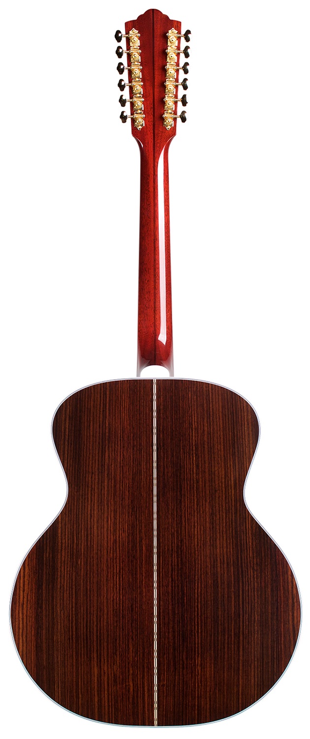 Akustikgitarre, Gitarrenrückseite, dunkles Holz, Holzmaserung, vergoldete Mechaniken