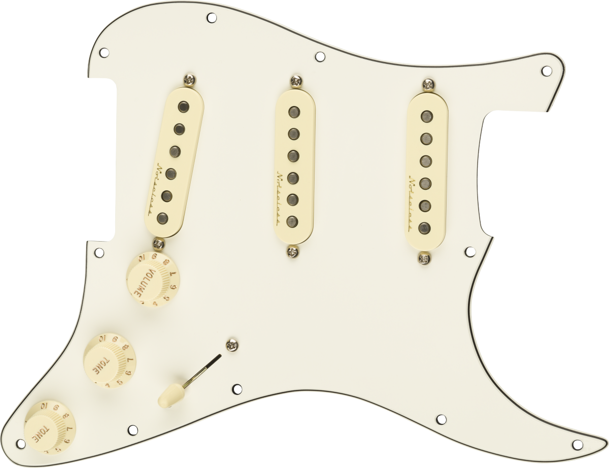 Pre-Wired Strat Pickguard, Vintage Noiseless SSS, Parchment 11 Hole PG