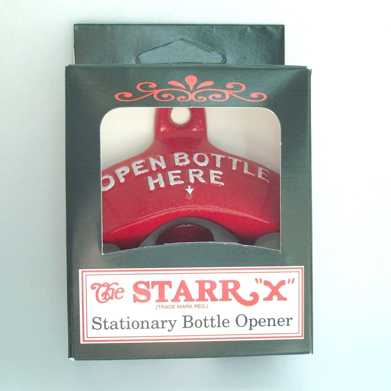 Wand-Flaschenöffner "OPEN BOTTLE HERE" orig. STARR-X in rot , USA