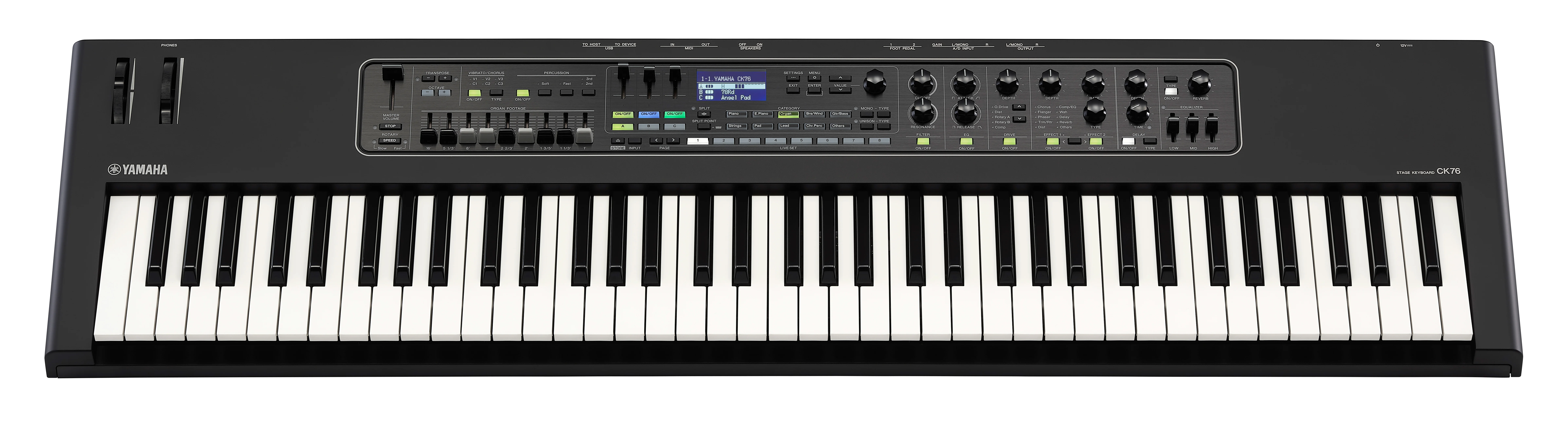 Stage-Keyboard, 76 Tasten, Schwarzes Gehäuse, LCD-Display, Drehregler, Stagekeyboard, 76 Tasten, Schwarzes Gehäuse, Synthesizer, Pitch- und Modulationsräder