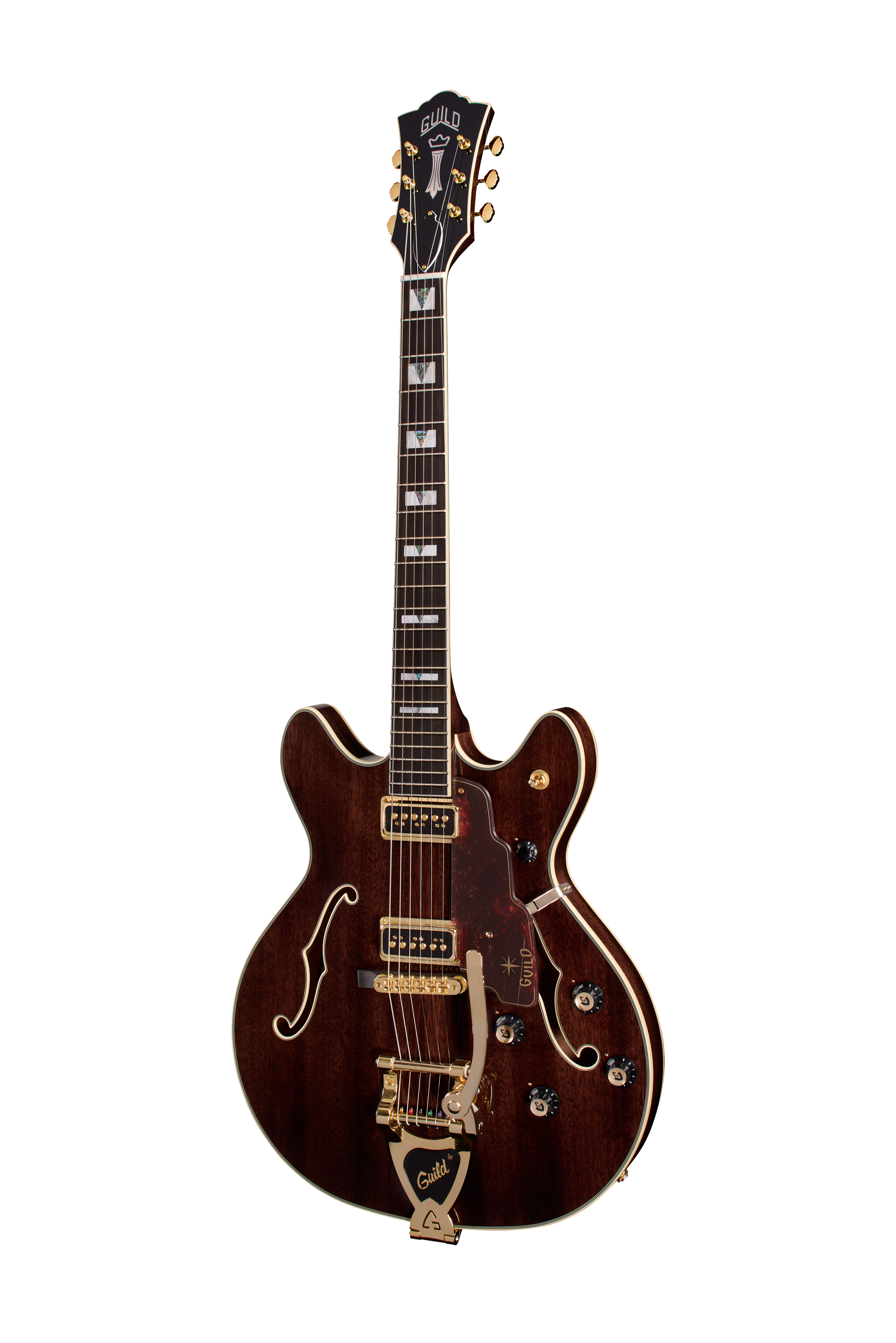 elektrische Gitarre, Hollowbody-Gitarre, dunkelbraunes Holz, goldene Hardware, Bigsby-Tremolo