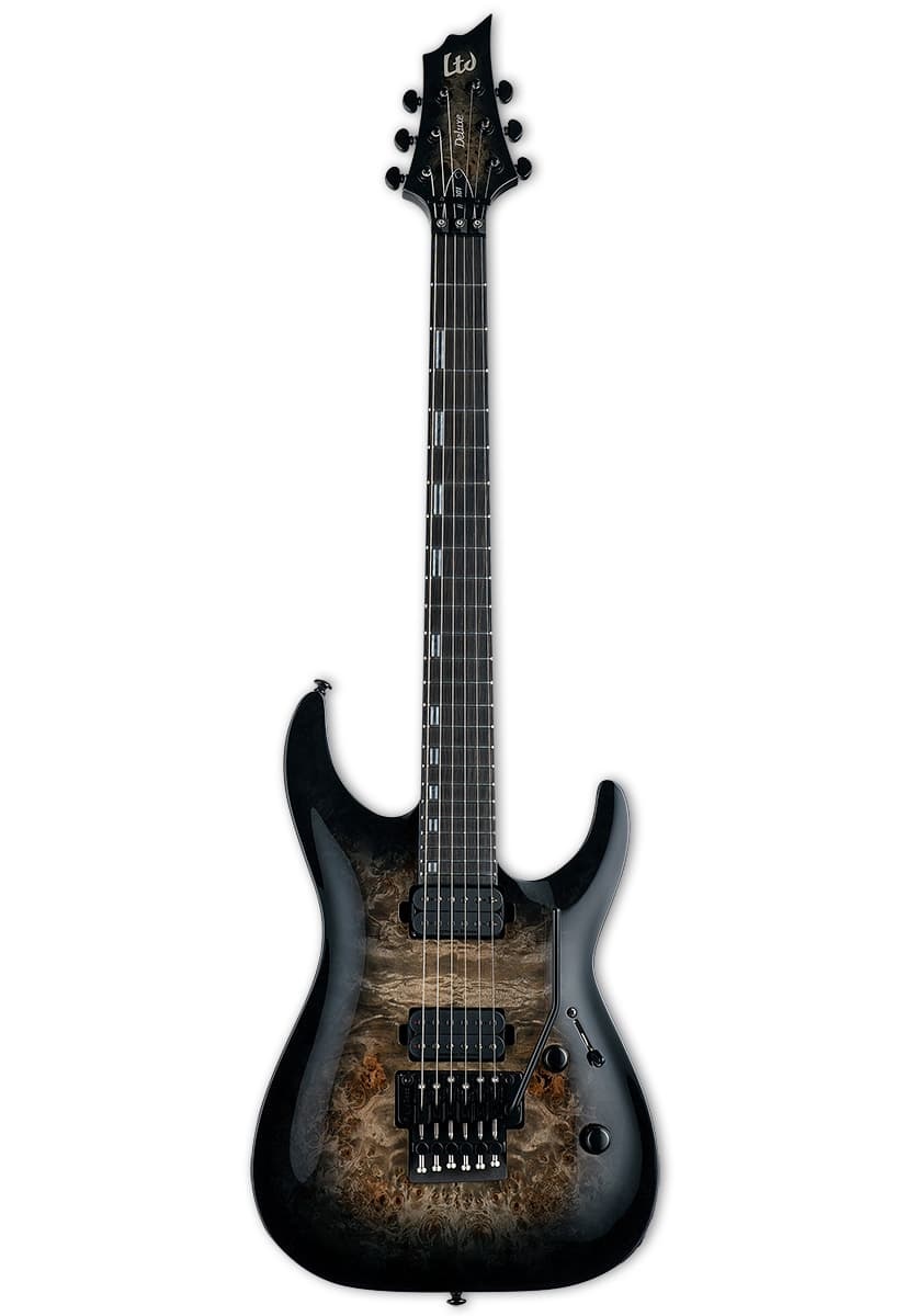 E-Gitarre, Schwarzes Finish, Wurzelholzdecke, Doppelspul-Tonabnehmer, Vibratosystem