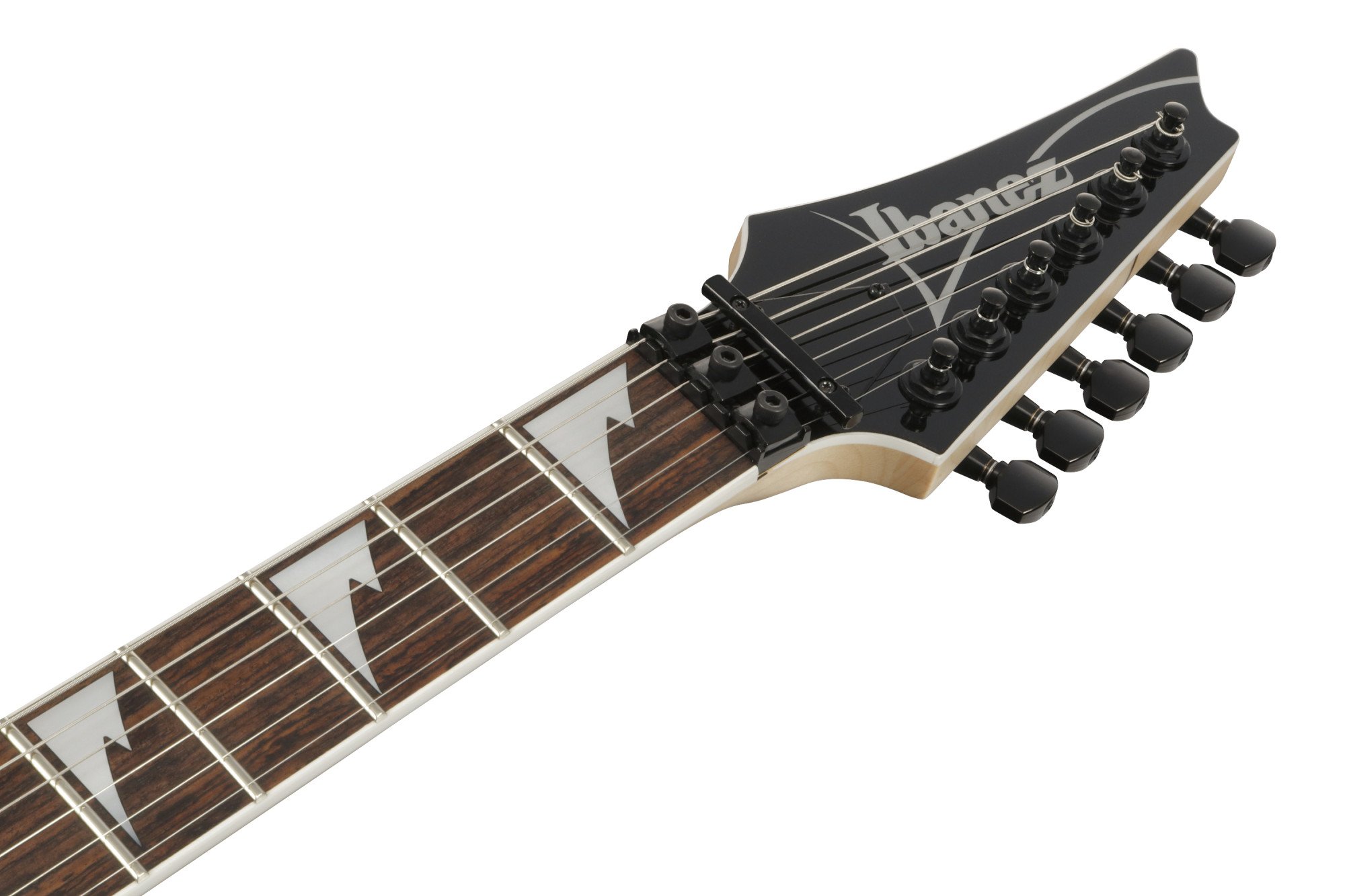 Headstock-Detail mit Ibanez-Logo und Locking Nut
