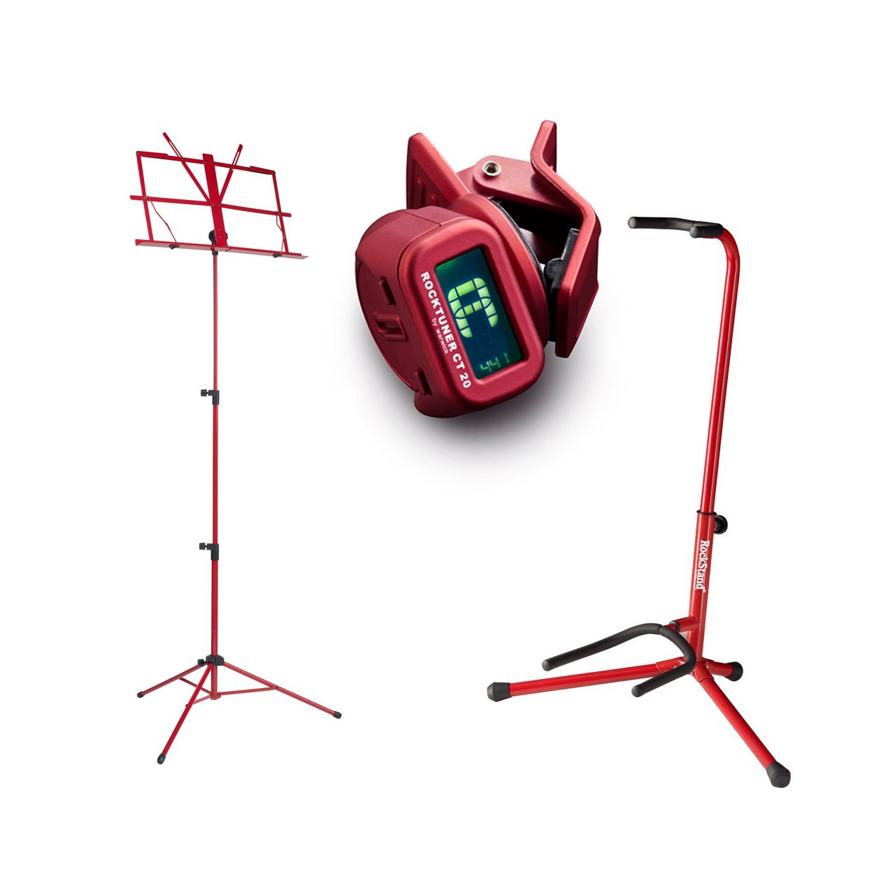 Einsteiger-Bundle 44: Notenständer + Gitarrenständer + Clip-On Tuner / rot