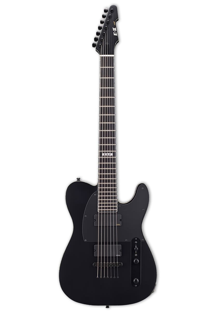 E-Gitarre, schwarzer Korpus, Solidbody, siebensaitig, Humbucker