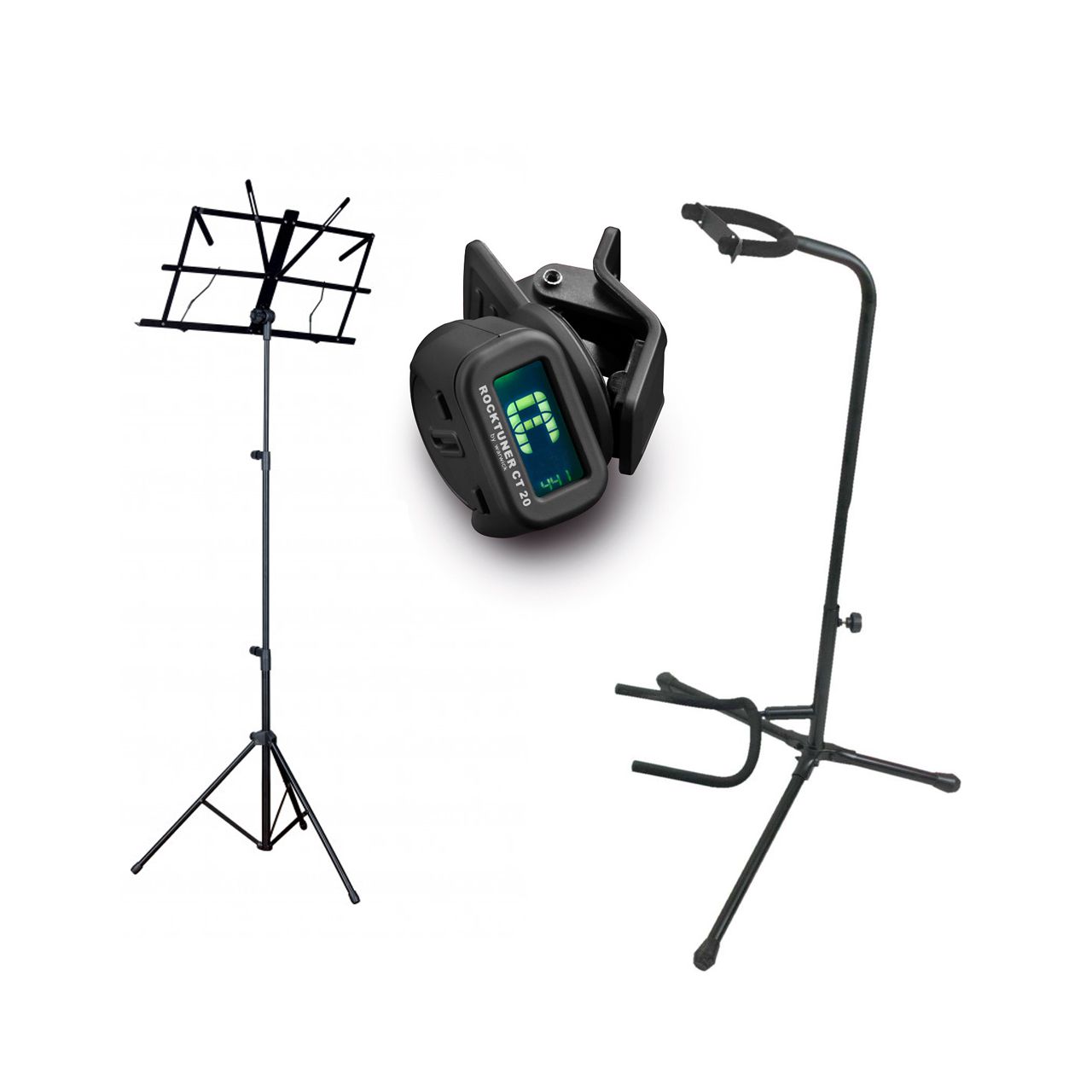 Einsteiger-Bundle 45: Notenständer + Gitarrenständer + Clip-On Tuner / schwarz/blau