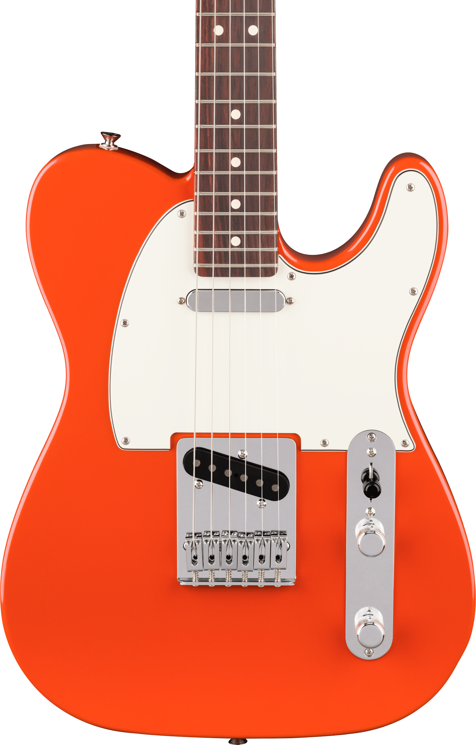 E-Gitarre, leuchtend orange, cremefarbenes Schlagbrett, Einzelspulen-Tonabnehmer, Ahornhals
