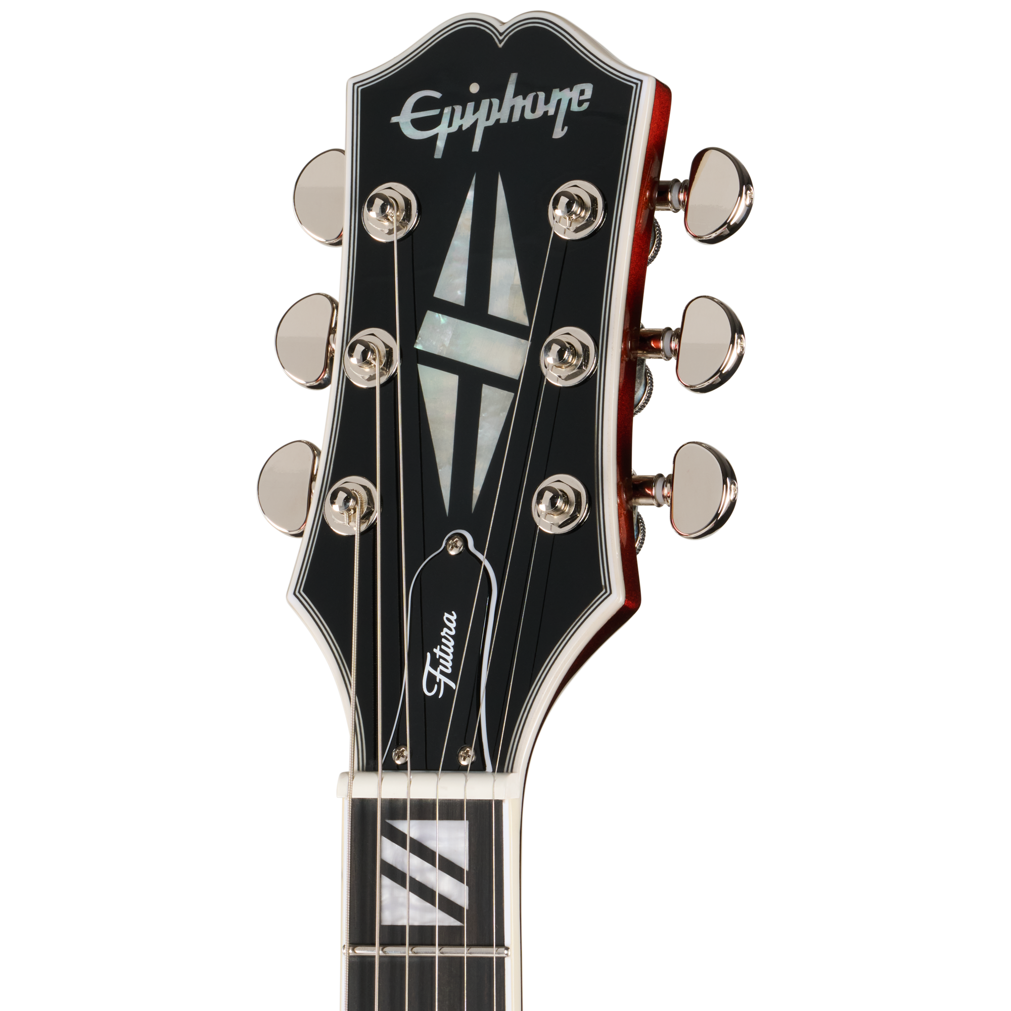 E-Gitarren-Kopfplatte, schwarze Kopfplatte, Perlmutt-Einlagen, sechs Saiten, Chrom-Mechaniken