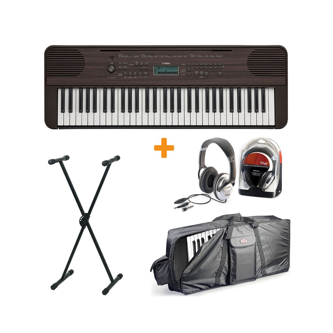 PSR-E360 Keyboard in Dunkler Nussbaum Set III mit Ständer, Kopfhörer und Tasche