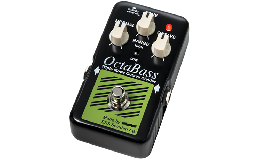 Bass-Effektpedal, Oktavteiler, schwarzes Gehäuse, grüne Oberfläche, Drehregler