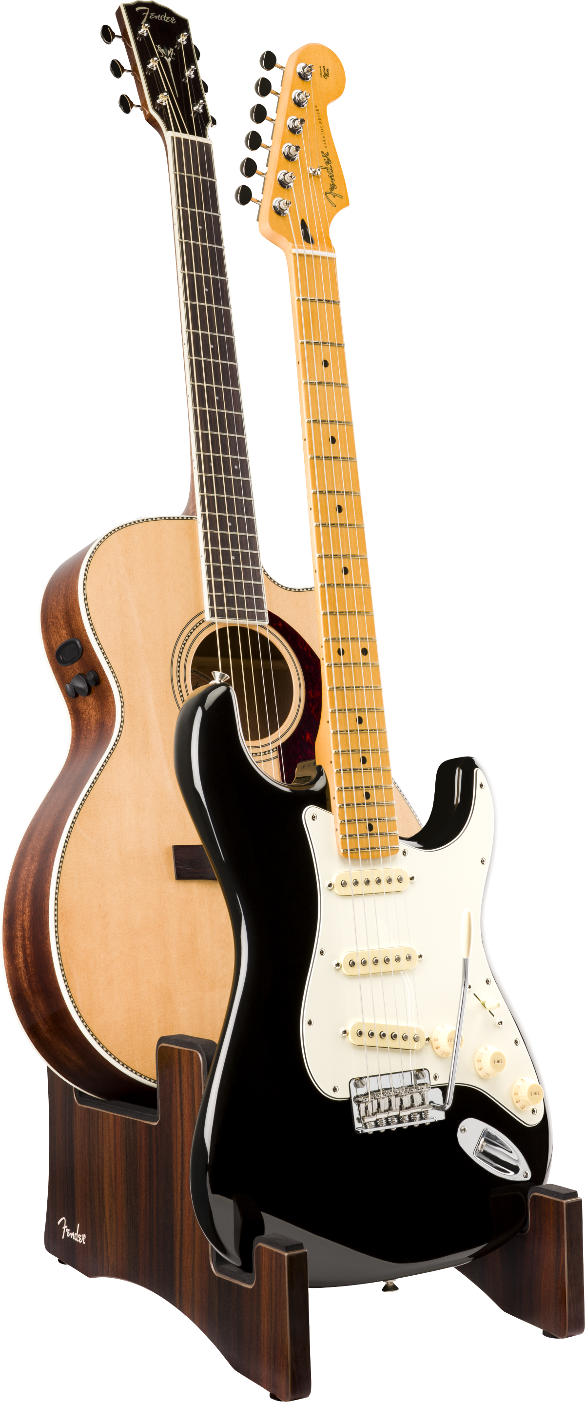 E-Gitarre, Akustikgitarre, schwarzer Korpus, helle Decke, Holzständer