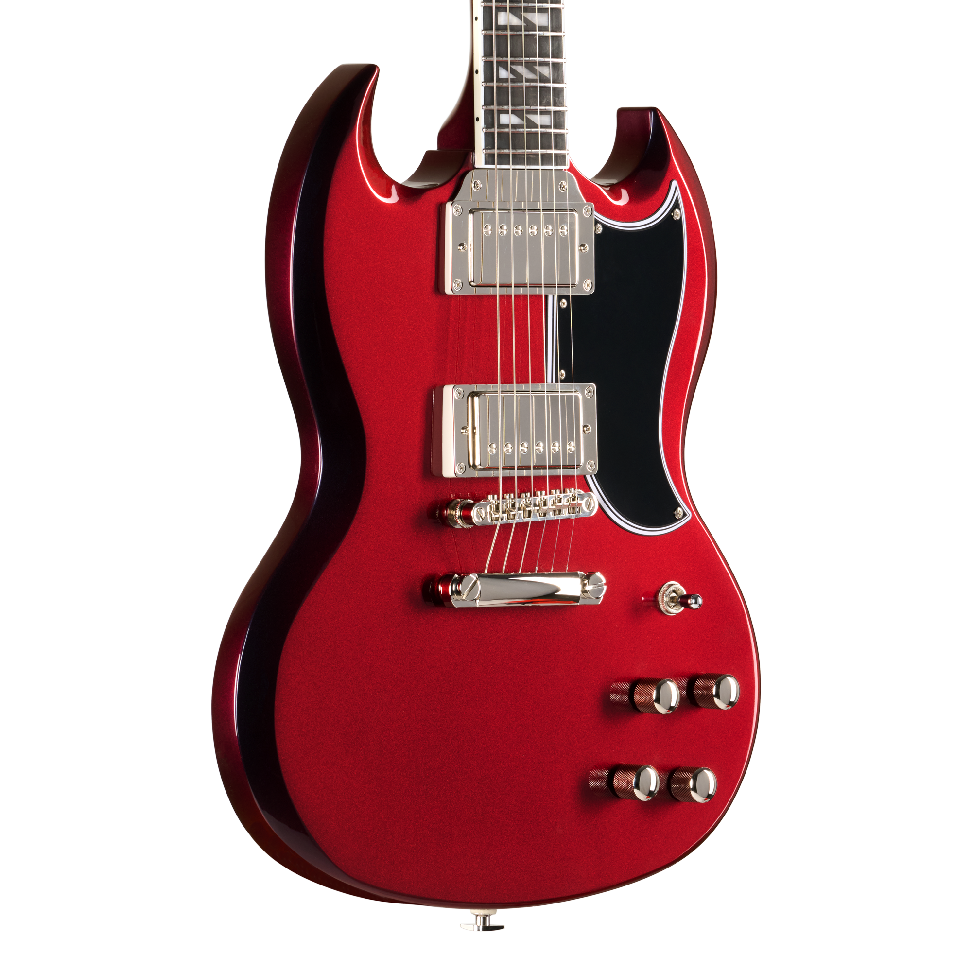 E-Gitarre, roter Korpus, Doppelspulen-Tonabnehmer, schwarzes Schlagbrett, massiver Korpus
