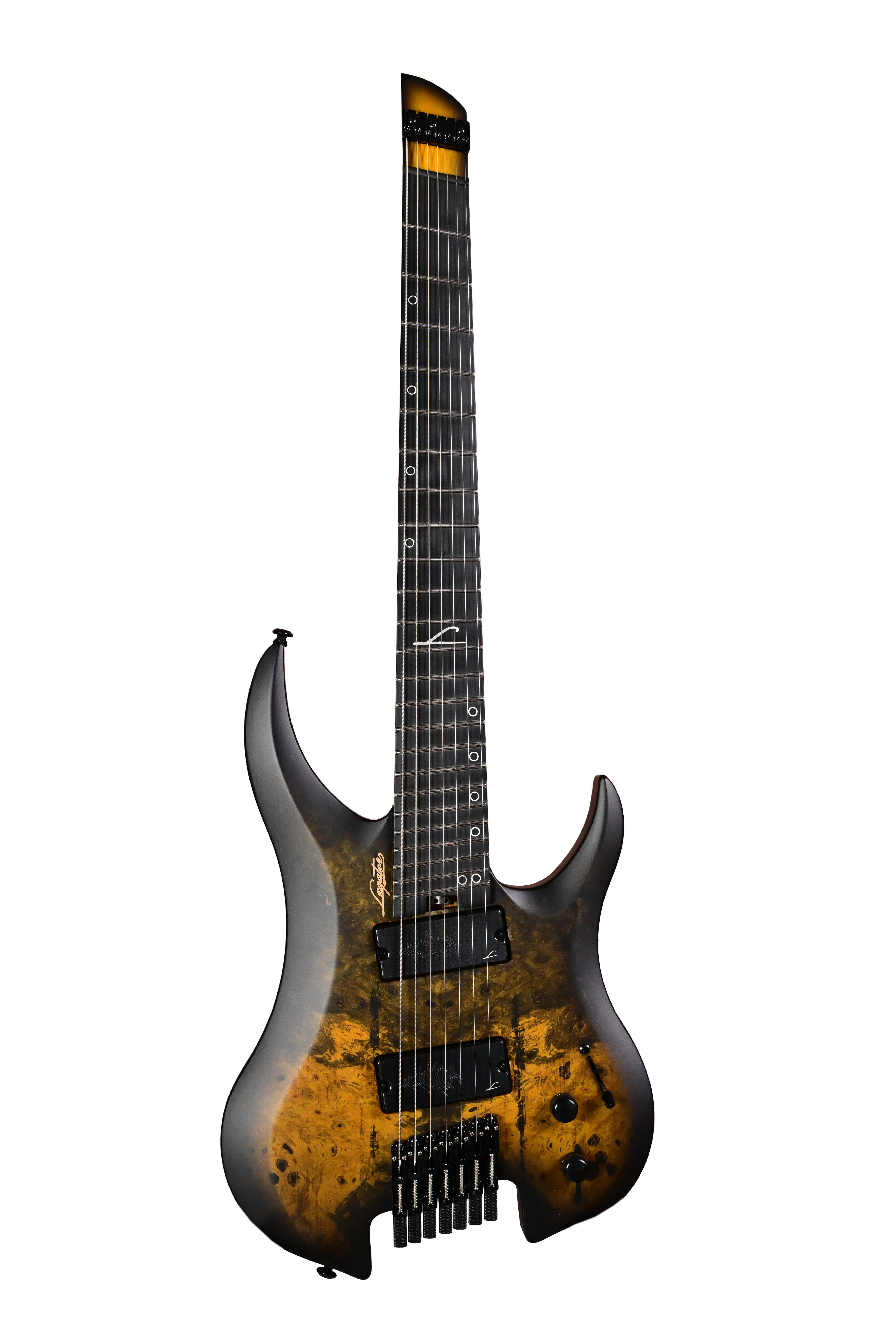 E-Gitarre, Headless-Gitarre, acht Saiten, goldbraune Maserung, doppelter Humbucker