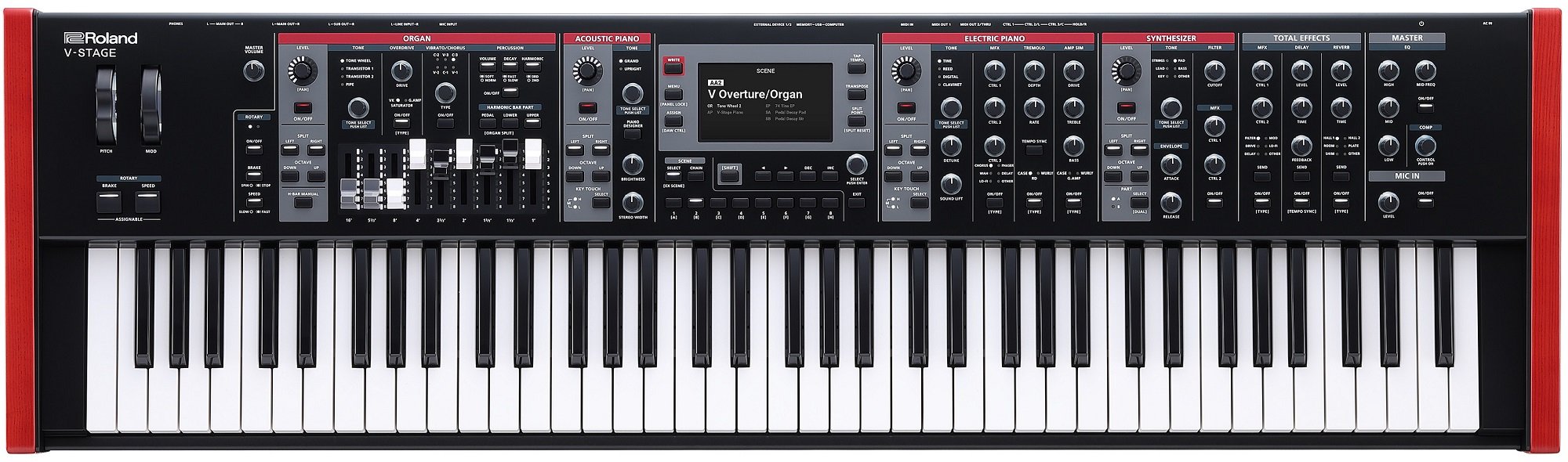 Vorderansicht des Roland V-Stage 76 Stage Keyboards – Benutzerfreundliche Bedienelemente und digitales Display