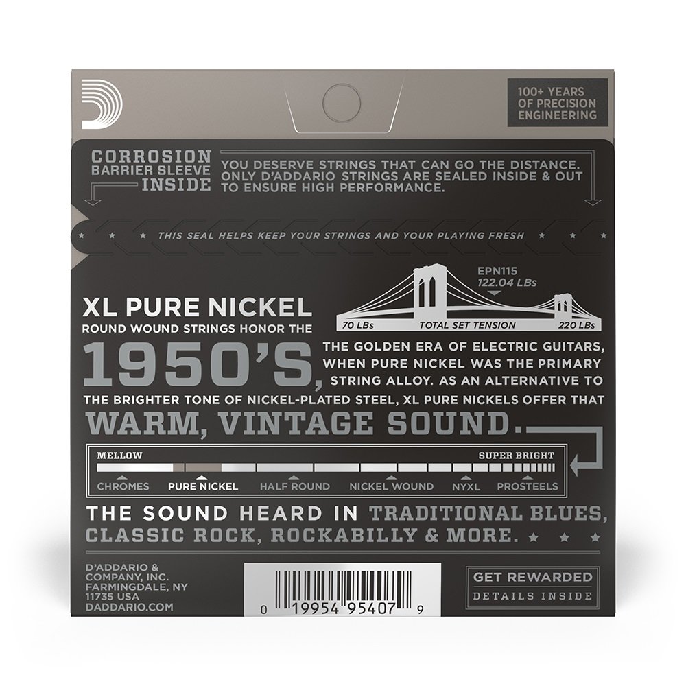 EPN115 Pure Nickel Electric Guitar Strings, Blues/Jazz Rock, 11-48