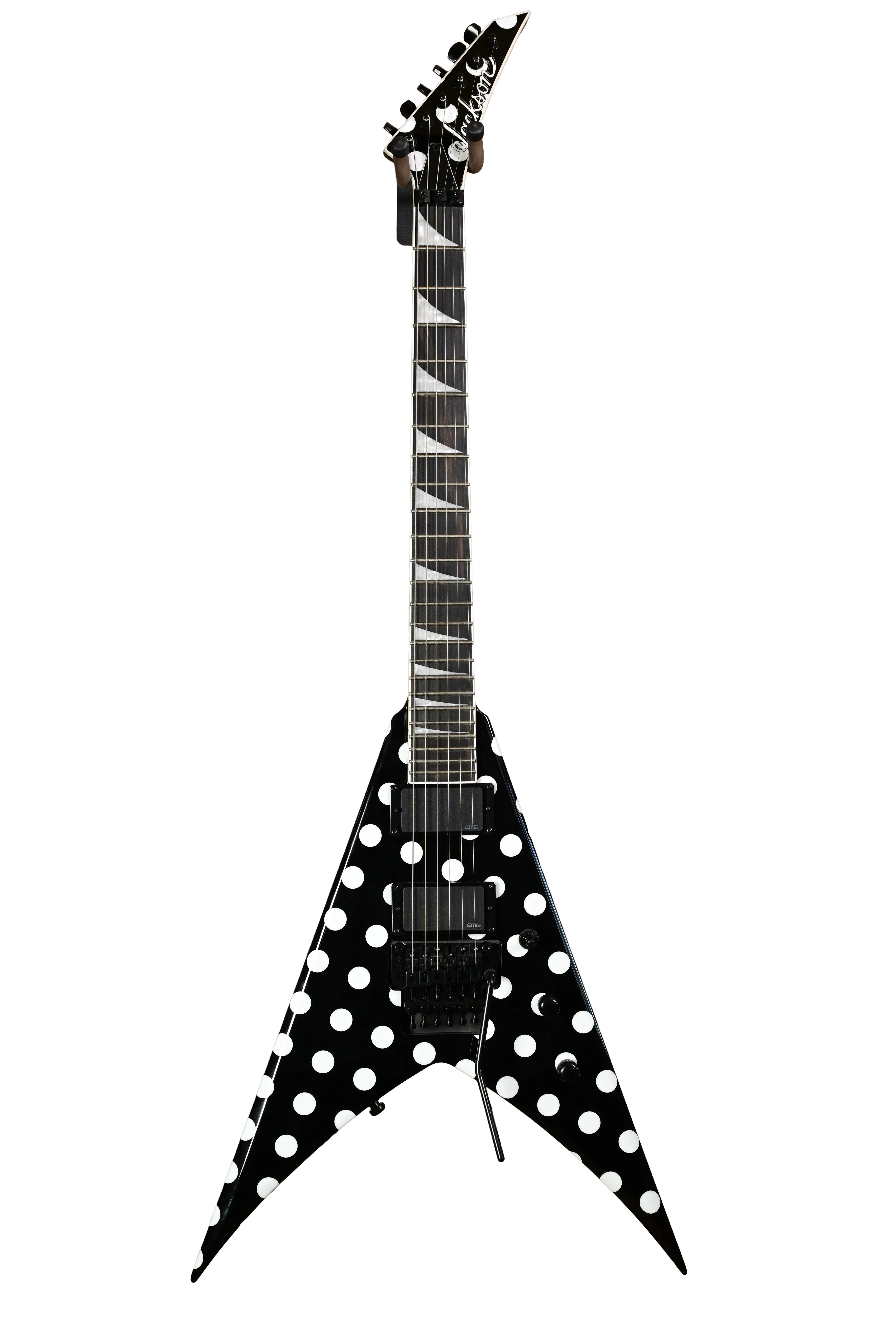 E-Gitarre, V-förmiger Korpus, schwarz-weiß, Punktmuster, Griffbrettmarkierungen