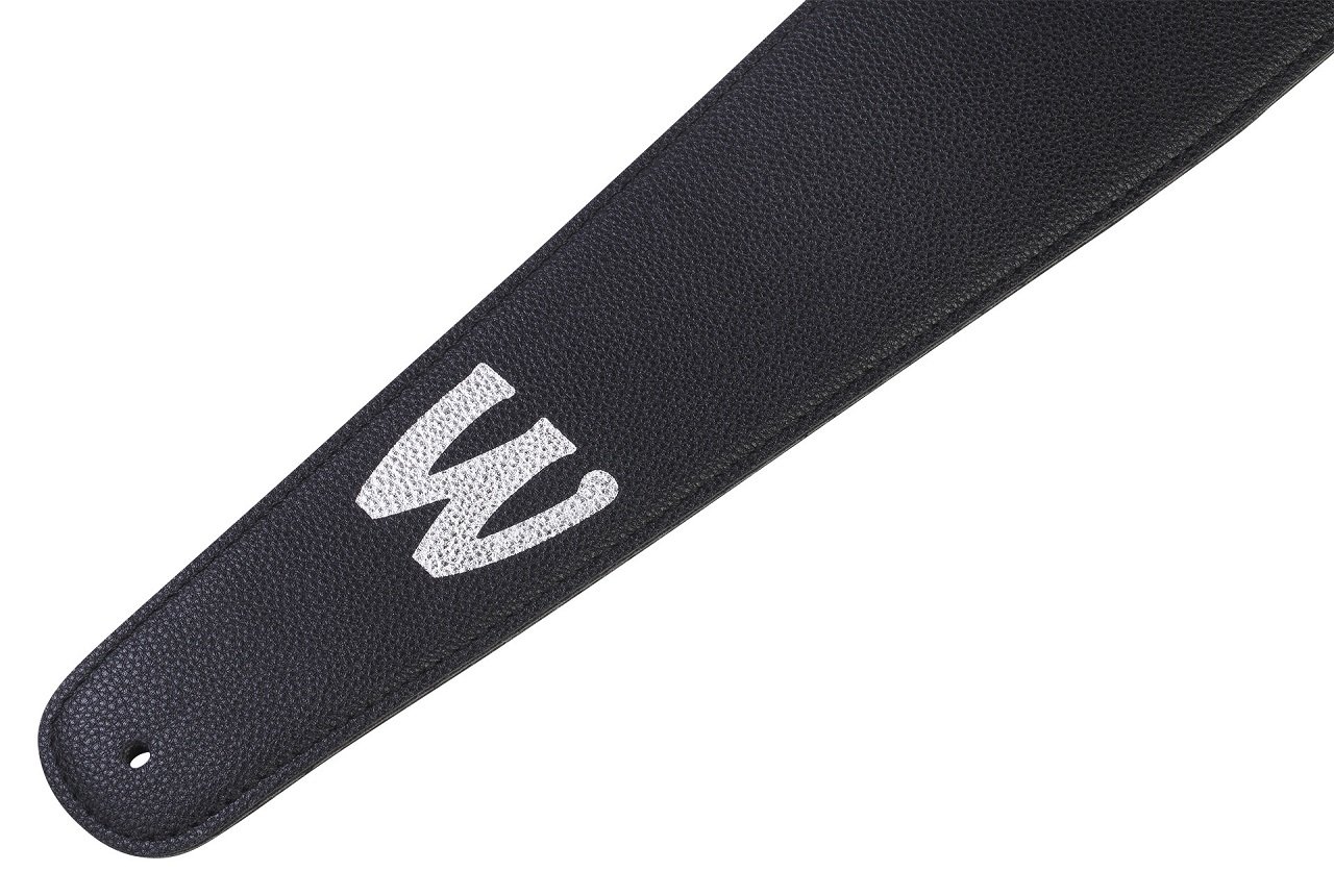 Synthetic Leather Bass Strap with Neoprene Padding - Black, Silver Embossing