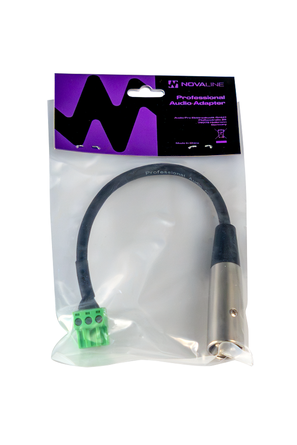 Audioadapter, XLR-Stecker, Schraubklemme, schwarzes Kabel, Metallgehäuse