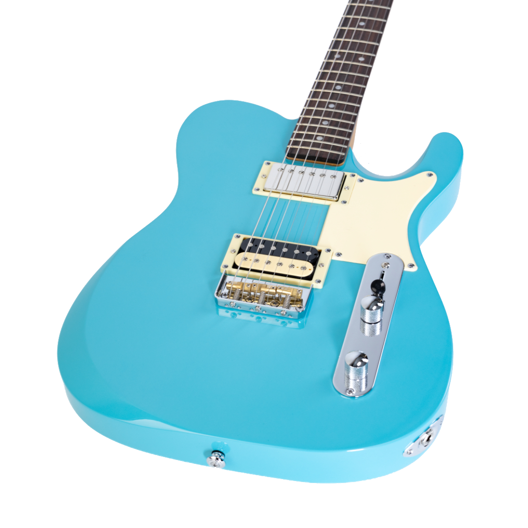 E-Gitarre, türkis, massiver Korpus, Humbucker, cremefarbenes Schlagbrett