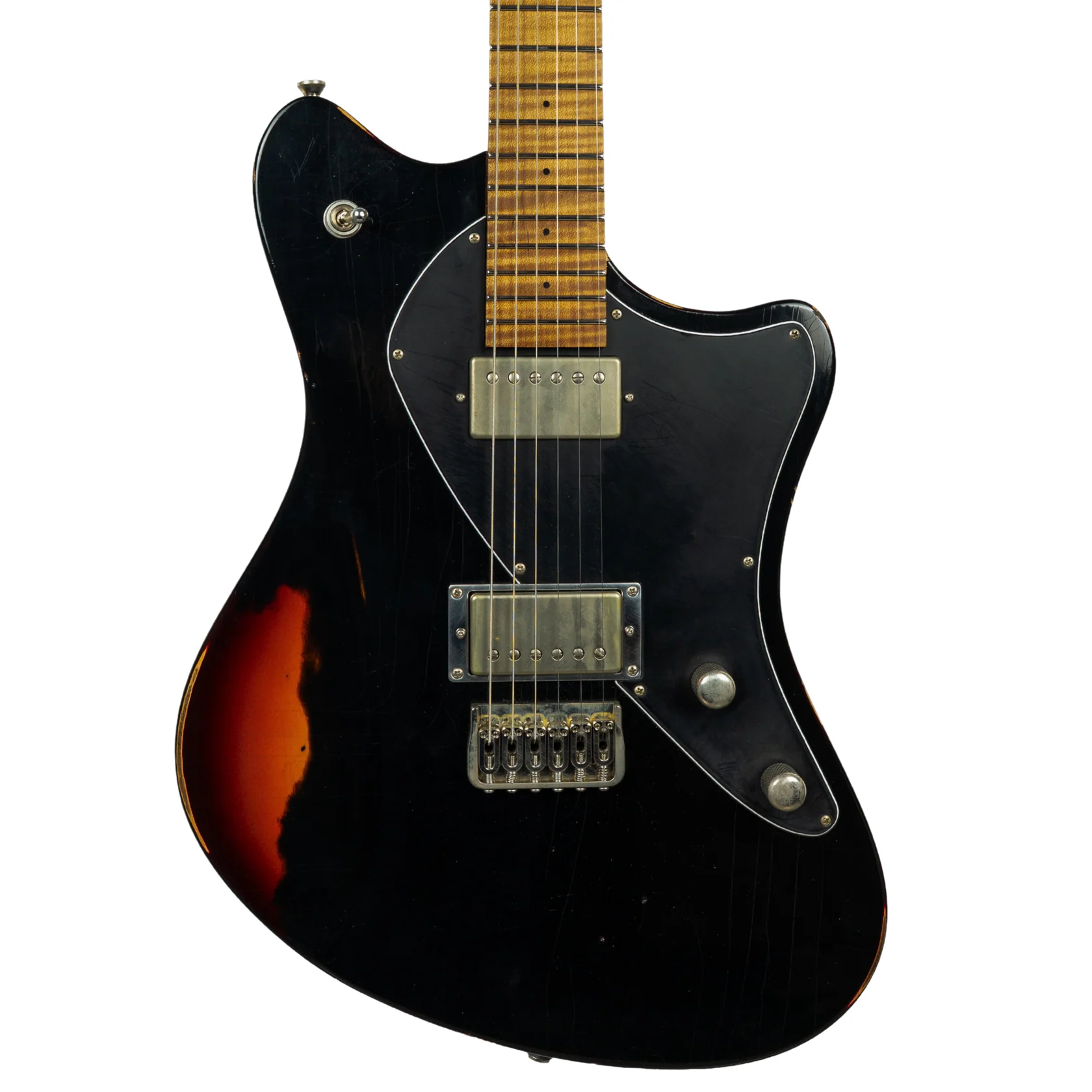 E-Gitarre, schwarzer Korpus, Sunburst-Finish, Humbucker-Tonabnehmer, Ahorn-Griffbrett