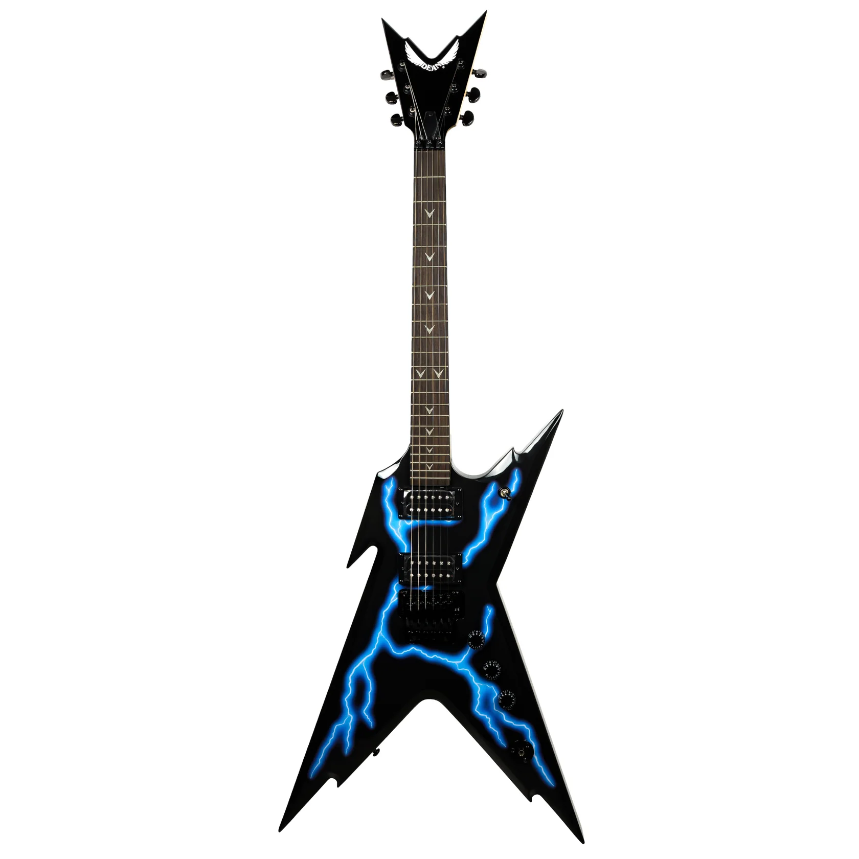 E-Gitarre, spitze Korpusform, schwarzer Korpus, blaue Blitzgrafik, Humbucker-Tonabnehmer