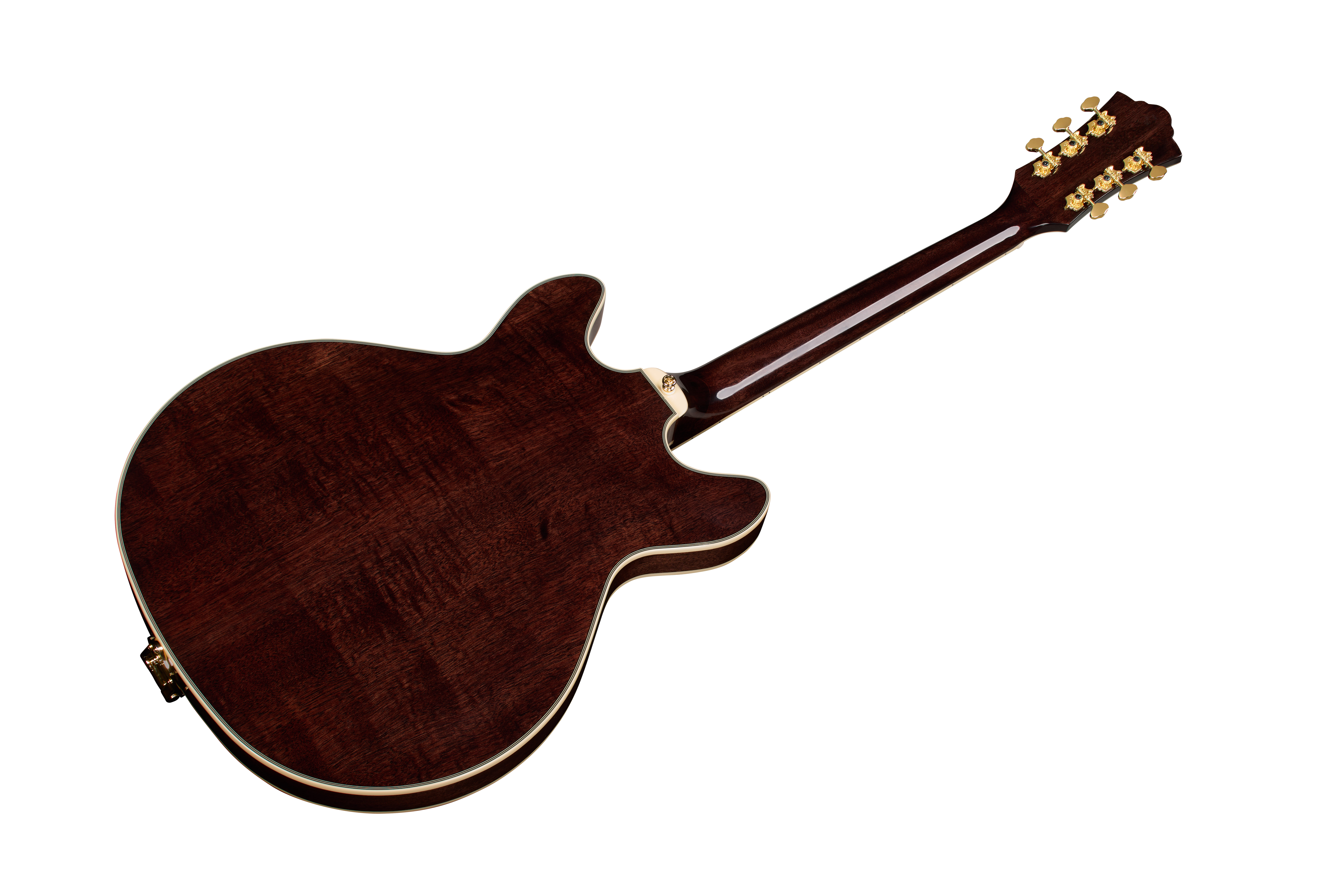 E-Gitarre, Semiakustikgitarre, Dunkelbraunes Holz, Goldene Mechaniken, Doppel-Cutaway