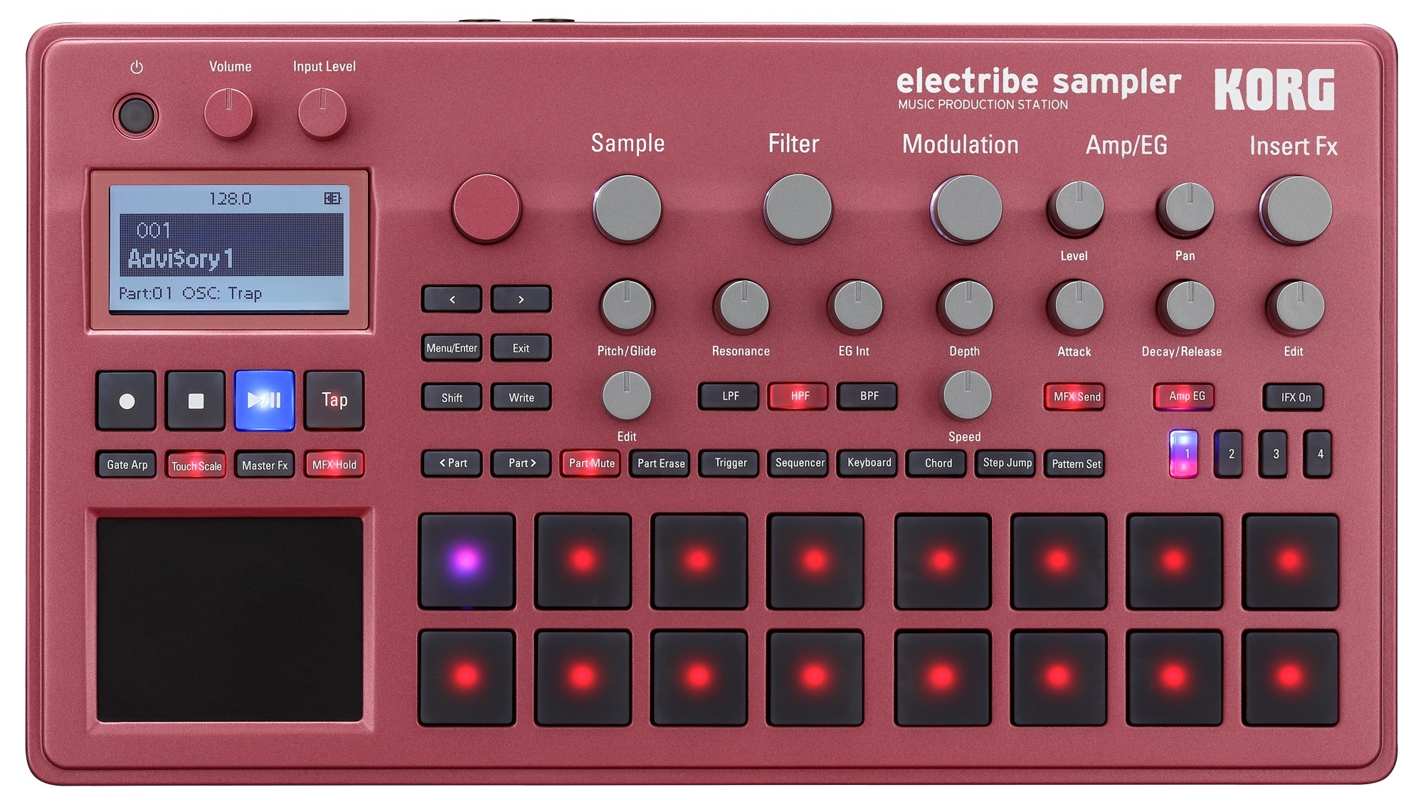 Sampler, Musikproduktionsstation, Drumpads, Touchpad, Bordeauxrot