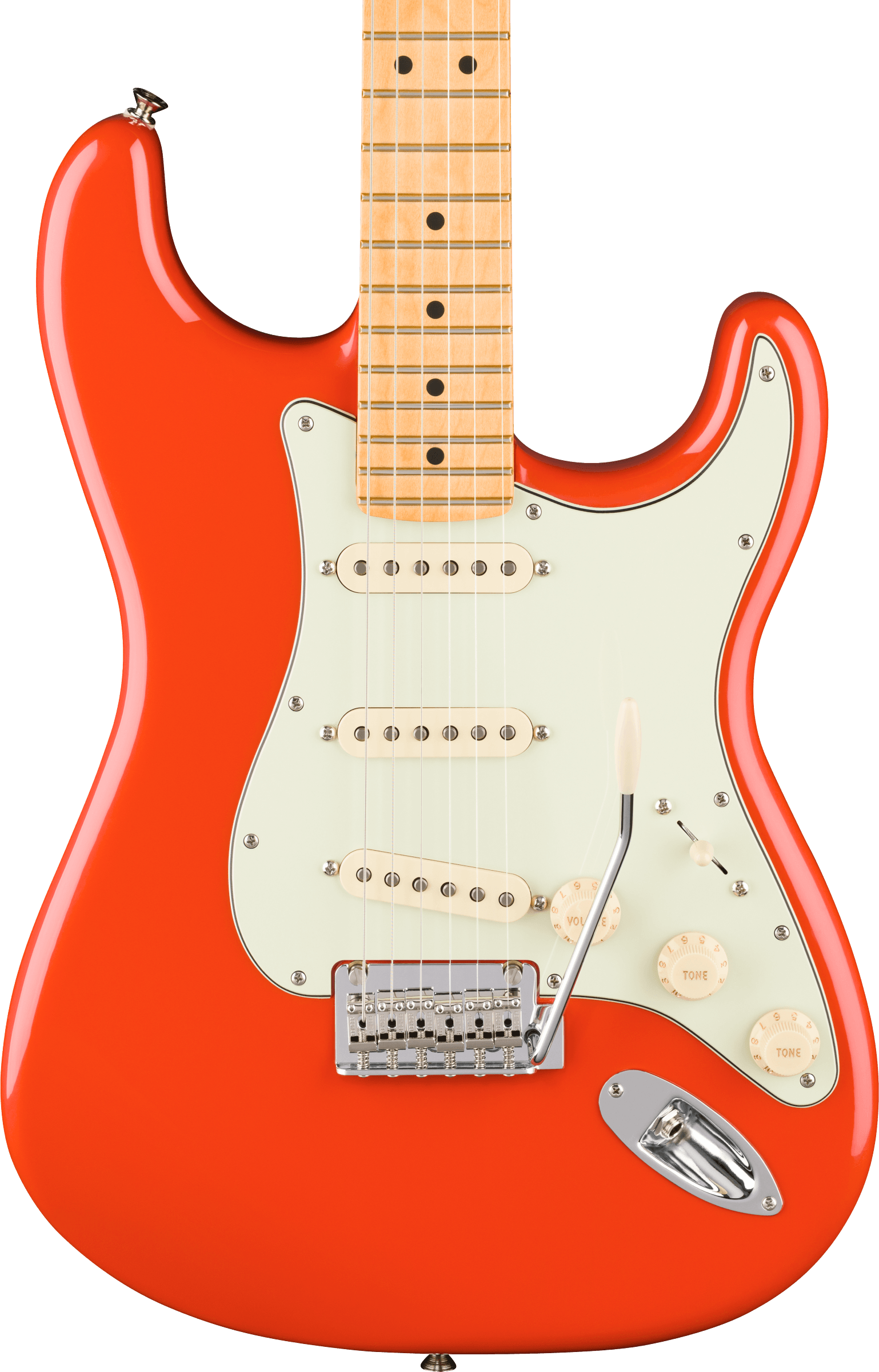 E-Gitarre, roter Korpus, Ahornhals, drei Singlecoils, Tremolo