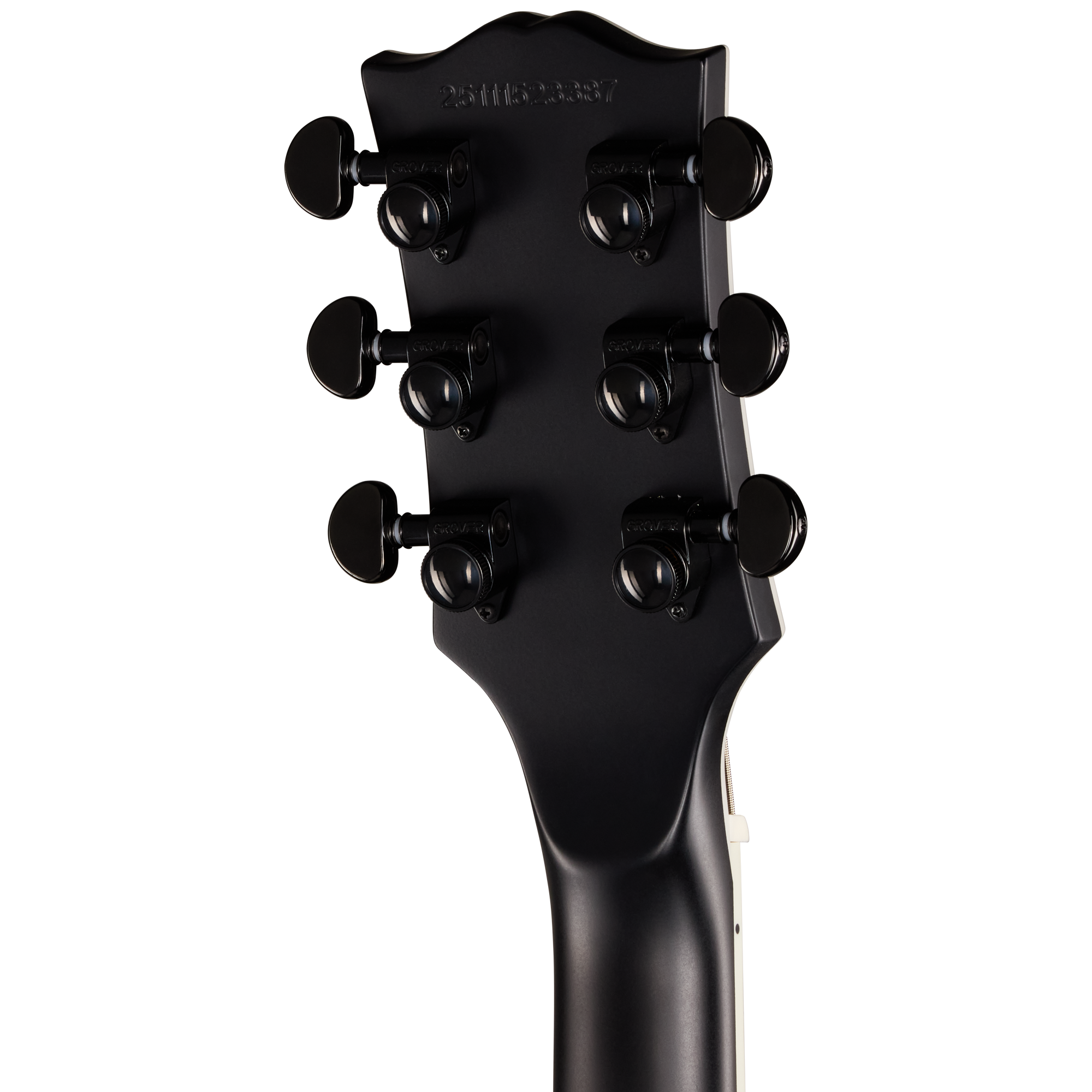 Gitarrenkopf, Stimmmechaniken, sechs Saiten, schwarzes Finish, E-Gitarre
