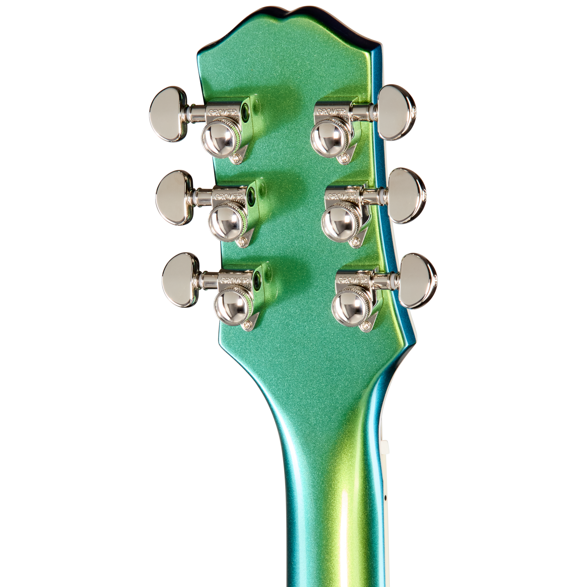 Gitarrenkopf, sechs Stimmwirbel, grün metallic, Chrombeschläge, elektrische Gitarre