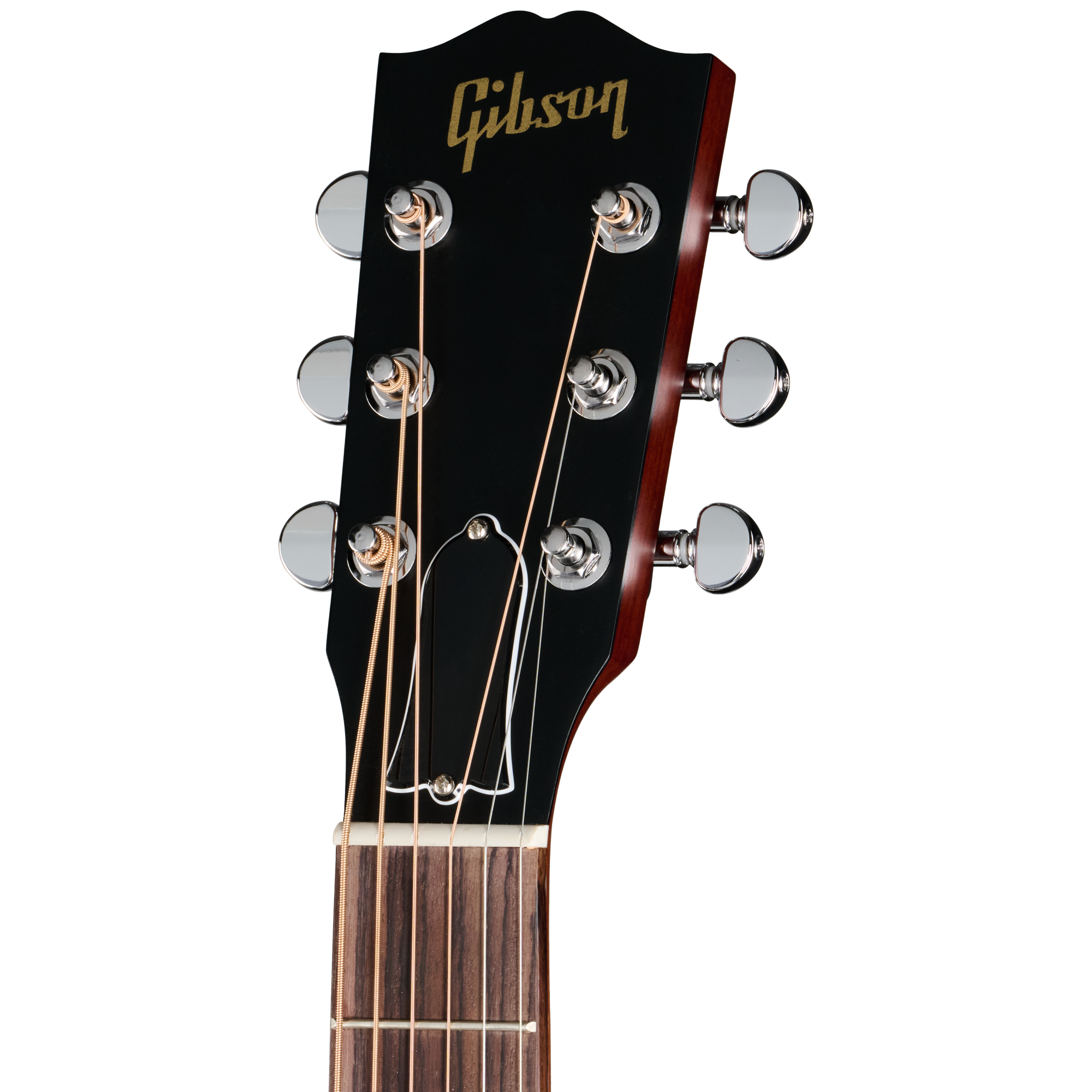 Gitarrenkopf, schwarze Kopfplatte, sechs Saiten, Chrommechaniken, Holzgriffbrett