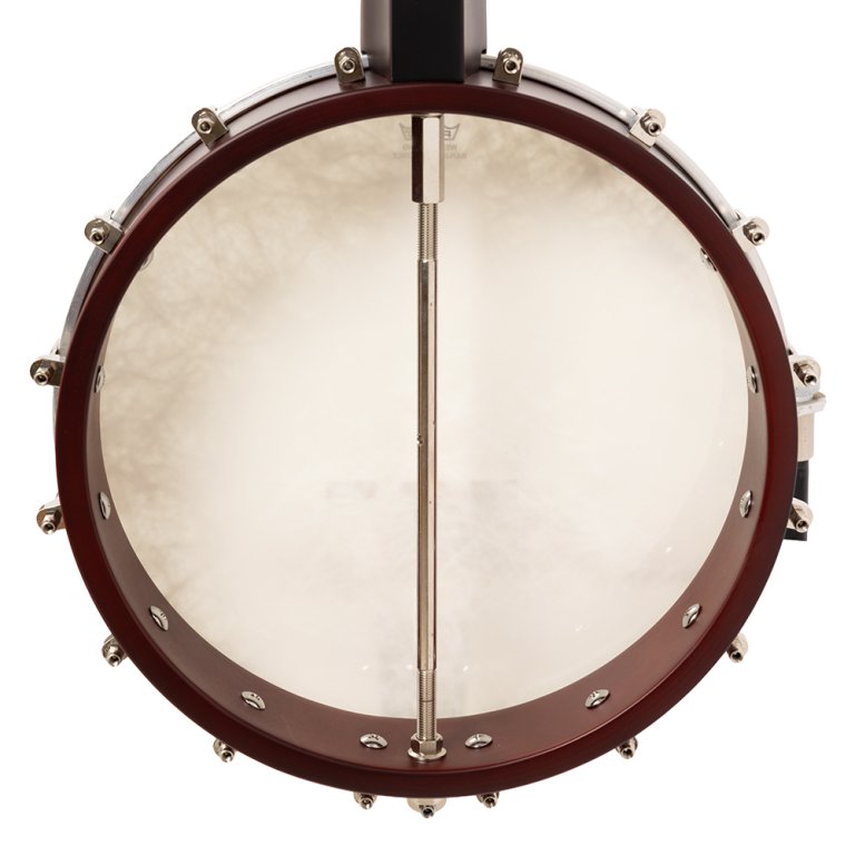 Bassdrum, Trommel mit Fell, Burgunderroter Kessel, Metallbeschläge, Rundes Schlaginstrument