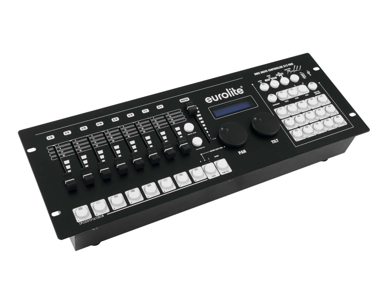 DMX-Lichtsteuerpult, Schwarz, LCD-Display, Fader, Programmiertasten