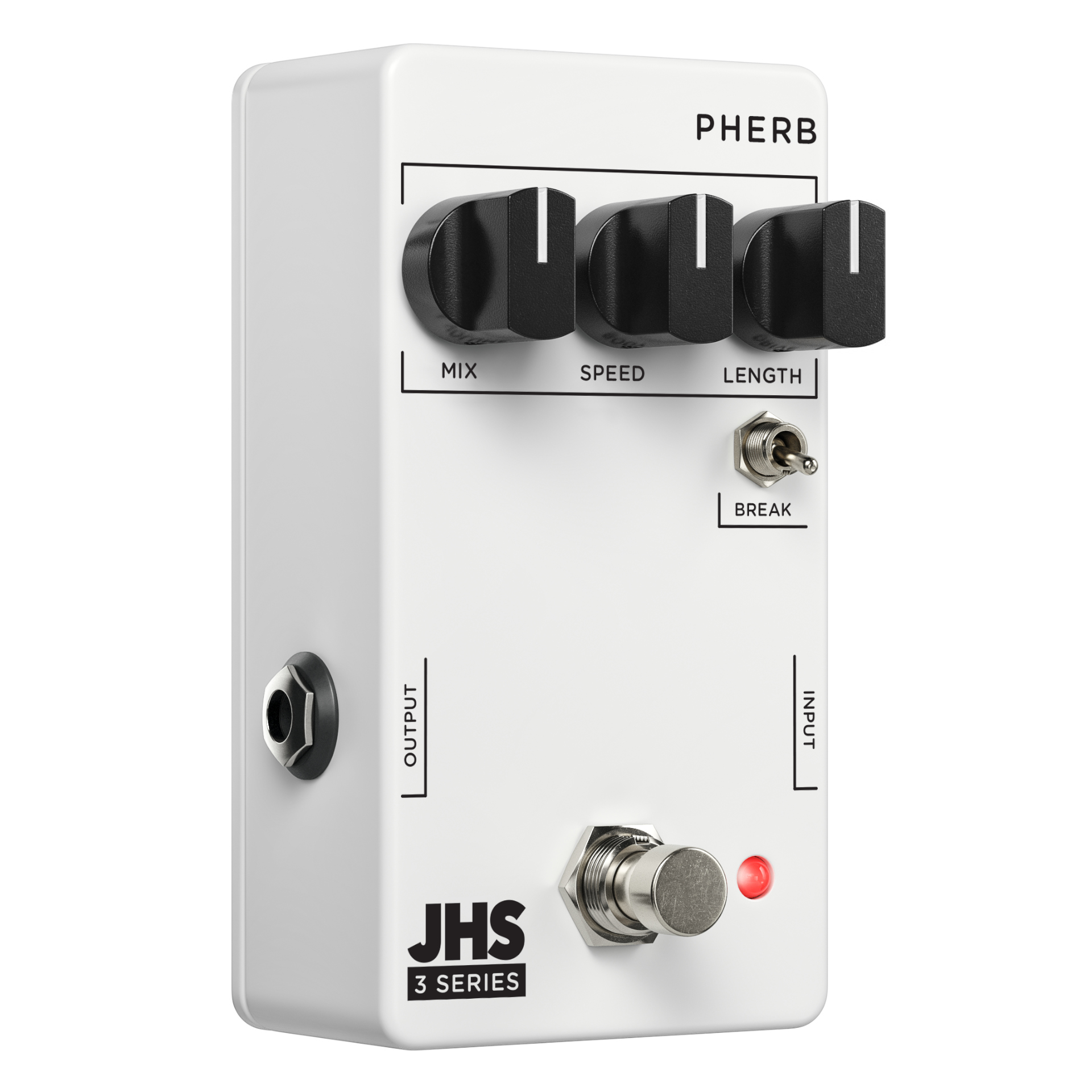 Gitarreneffektpedal, weißes Gehäuse, drei Regler, Fußschalter, Metallgehäuse