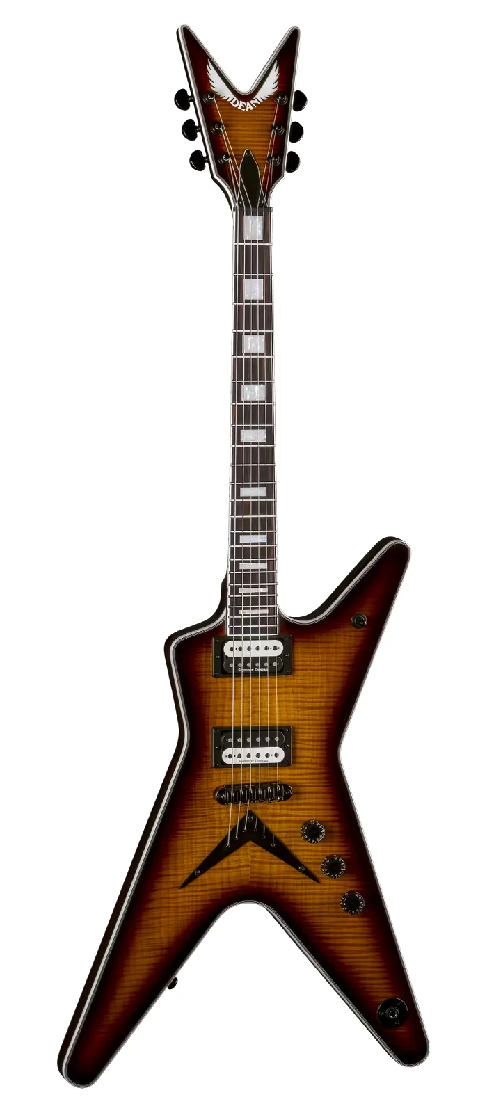 E-Gitarre, X-förmiger Korpus, Sunburst, Holzmaserung, Doppelspulen-Tonabnehmer