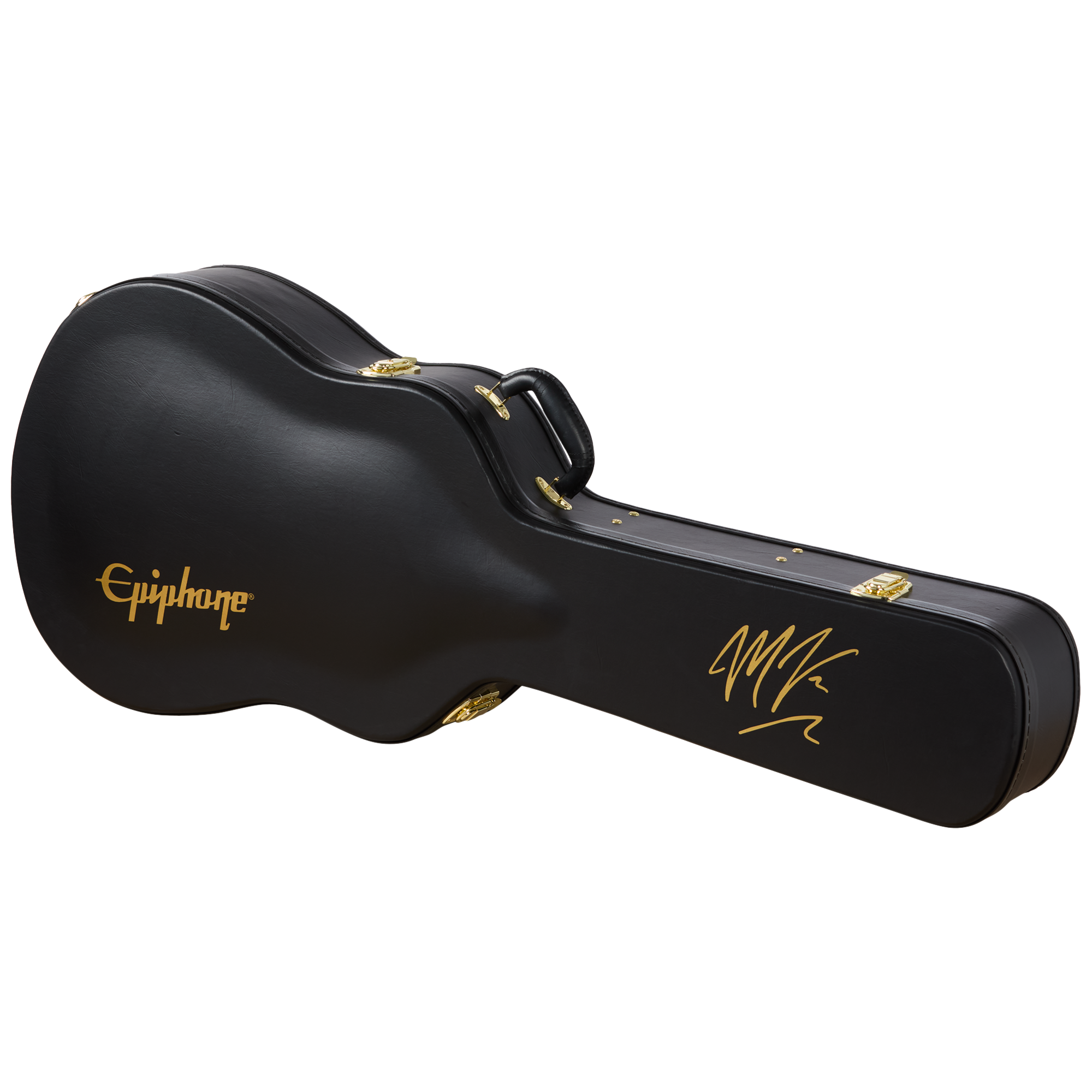 Gitarrenkoffer, Hartschalenkoffer, schwarz, goldene Beschläge, Signatur