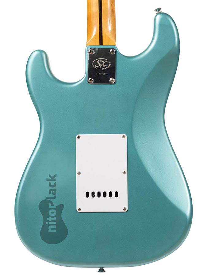 E-Gitarre, türkiser Korpus, Massivholzkorpus, Ahornhals, weiße Rückplatte