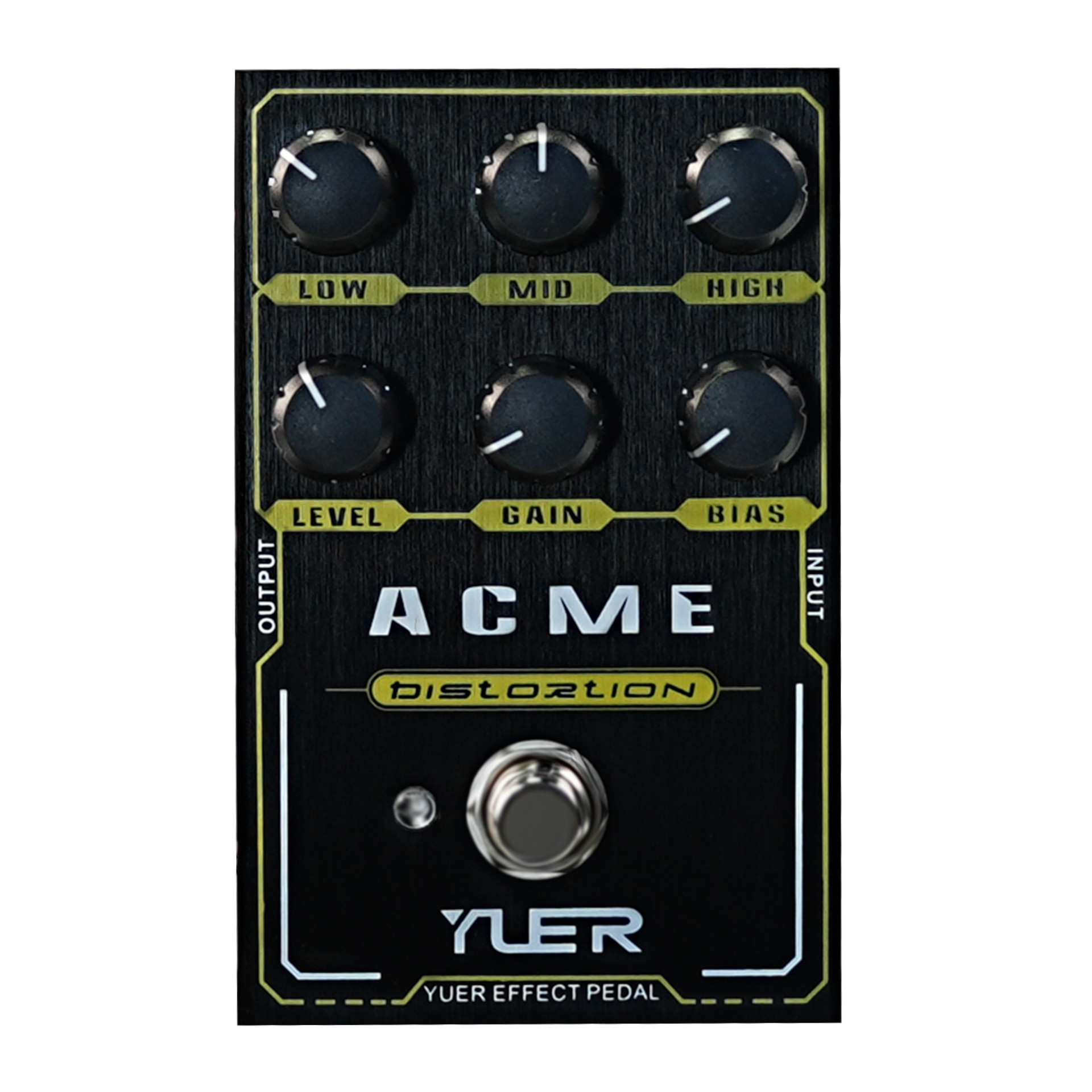 Gitarreneffektpedal, Distortion-Pedal, schwarzes Metallgehäuse, sechs Drehregler, Fußschalter