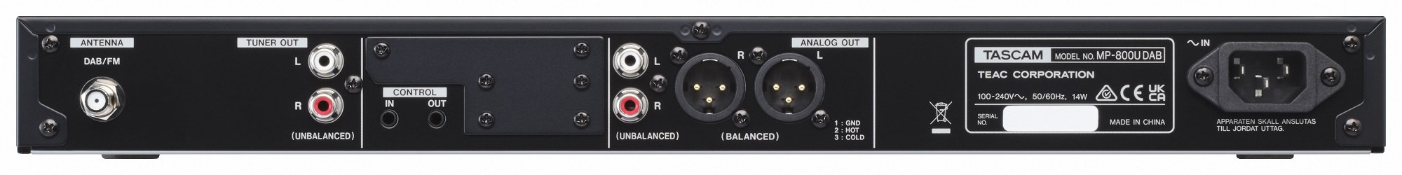 Rückseite des Tascam MP-800U DAB mit XLR-, RCA-, USB- und Antennenanschlüssen