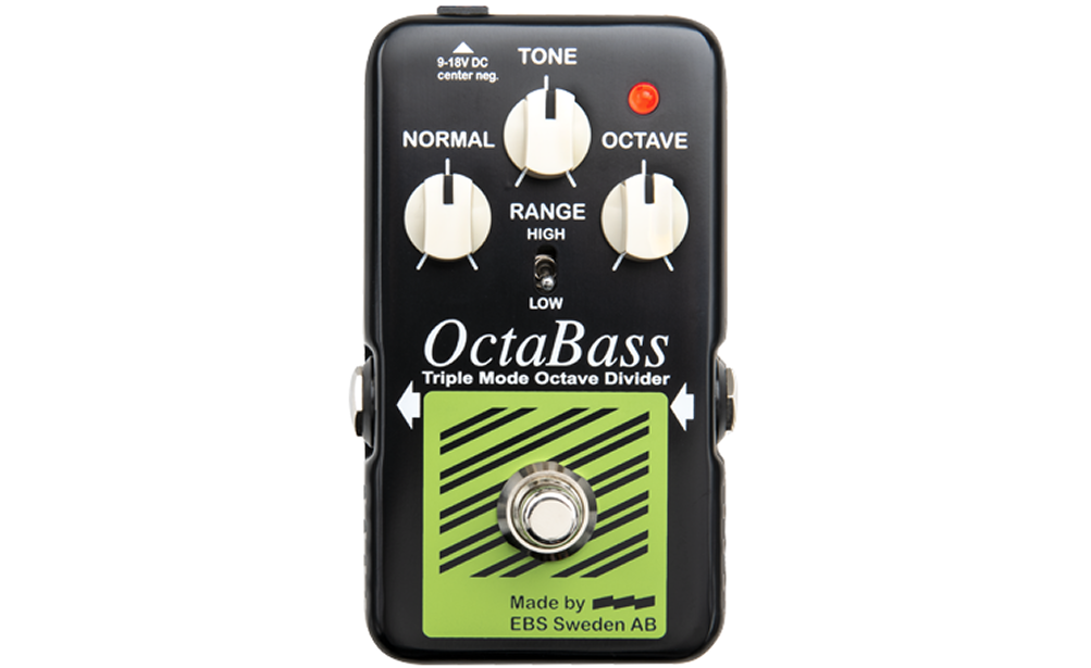 Bass-Effektpedal, Oktavteiler, schwarzes Gehäuse, Drehregler, Fußschalter