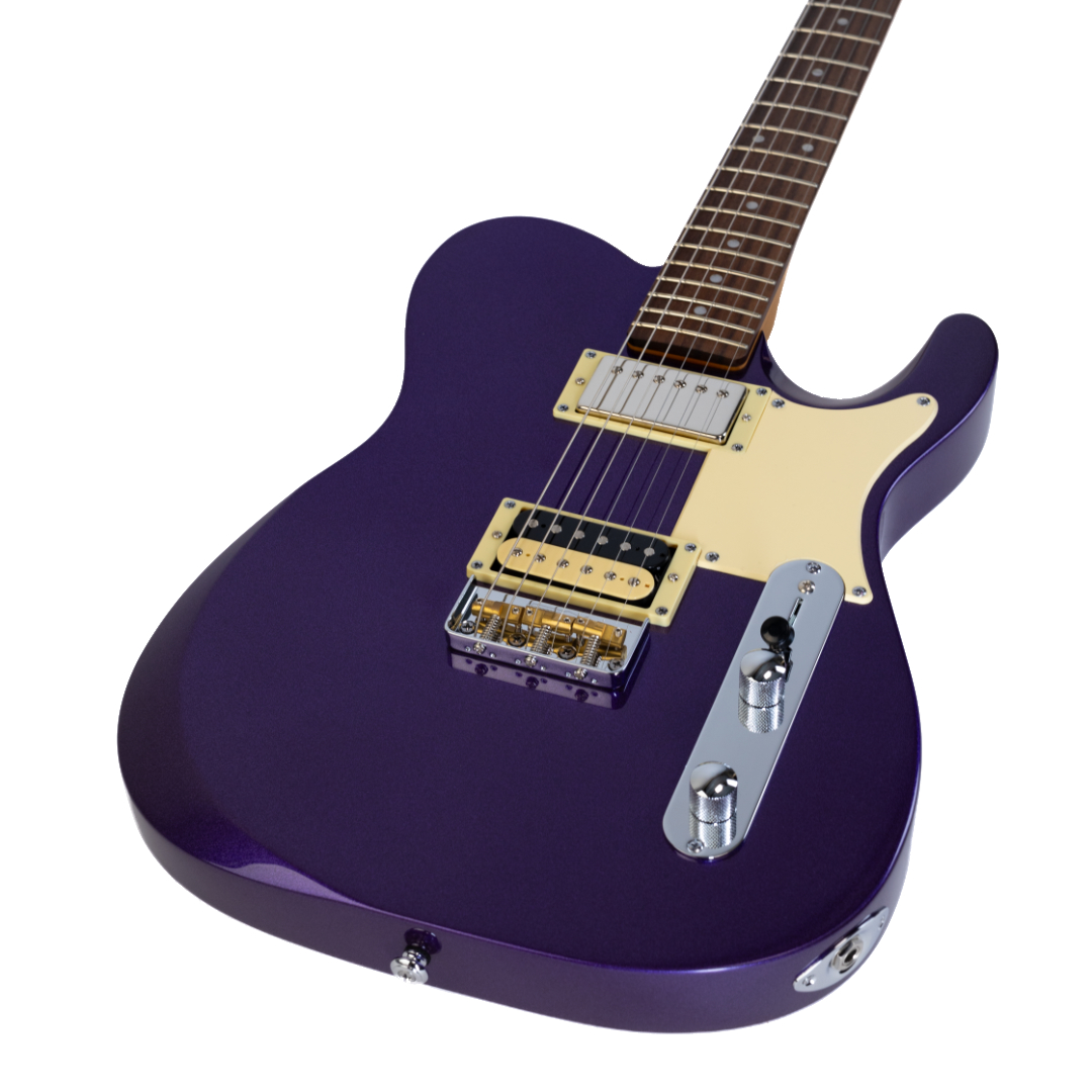 E-Gitarre, Violetter Korpus, Cremefarbenes Schlagbrett, Zwei Tonabnehmer, Ahornhals