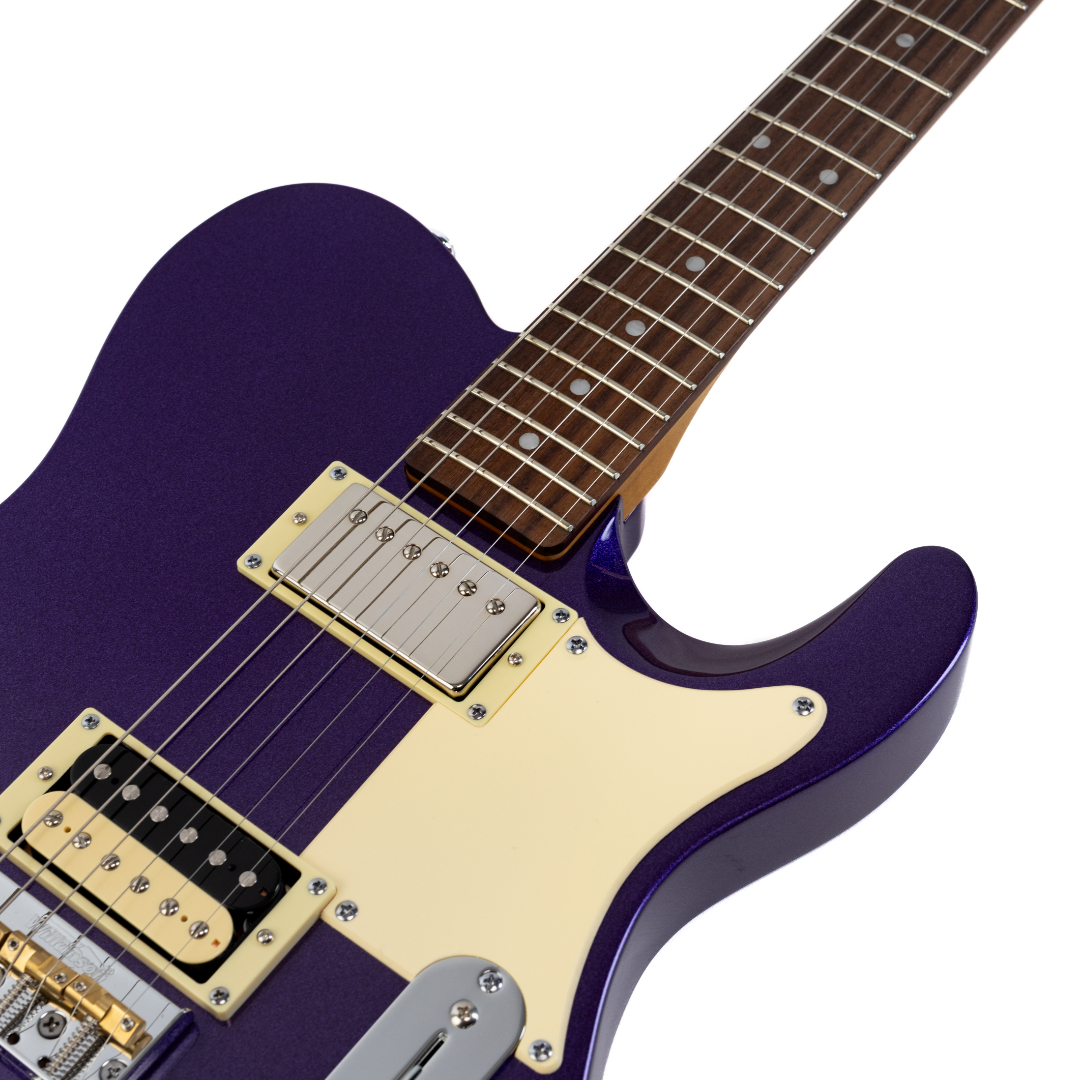 E-Gitarre, violetter Korpus, Humbucker-Tonabnehmer, cremefarbenes Schlagbrett, Palisandergriffbrett
