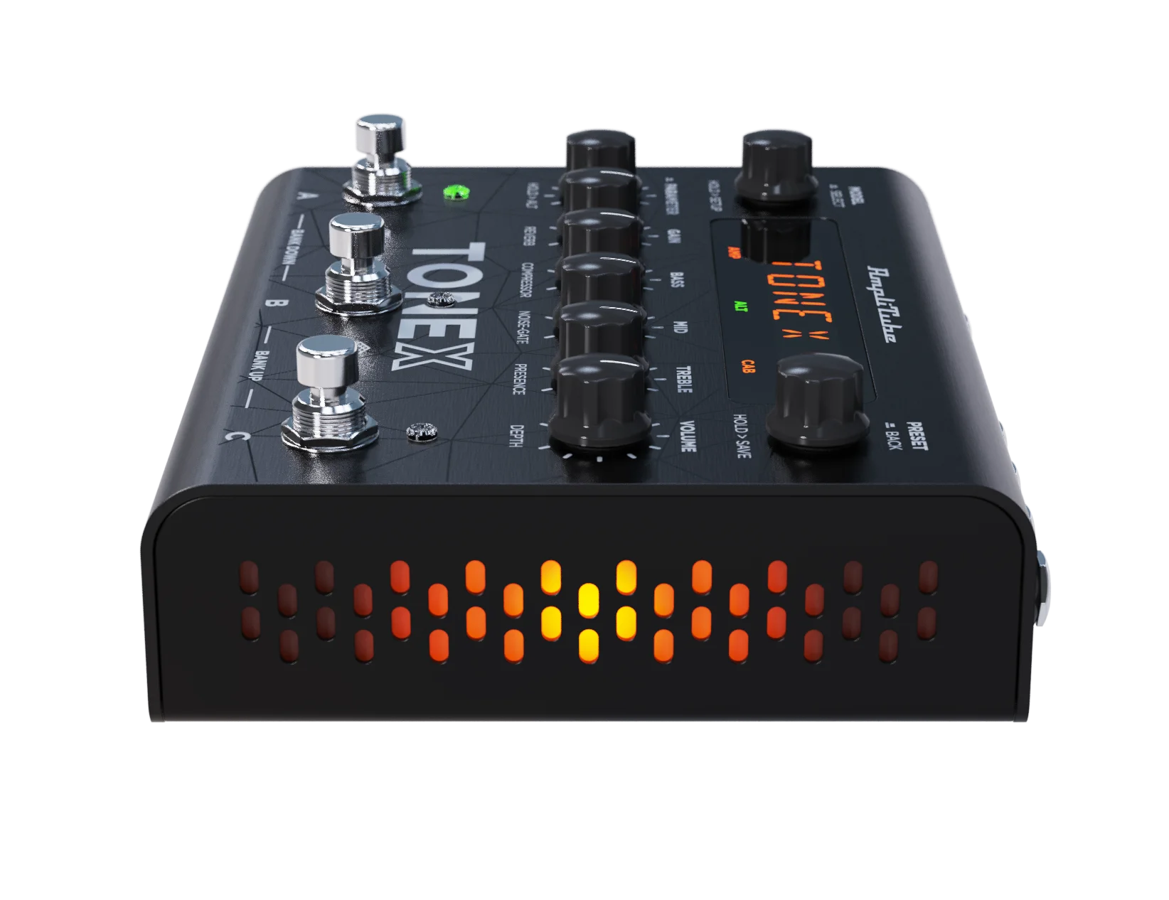 Nahaufnahme der Regler am IK Multimedia TONEX Pedal: Gain, Bass, Mid, Treble