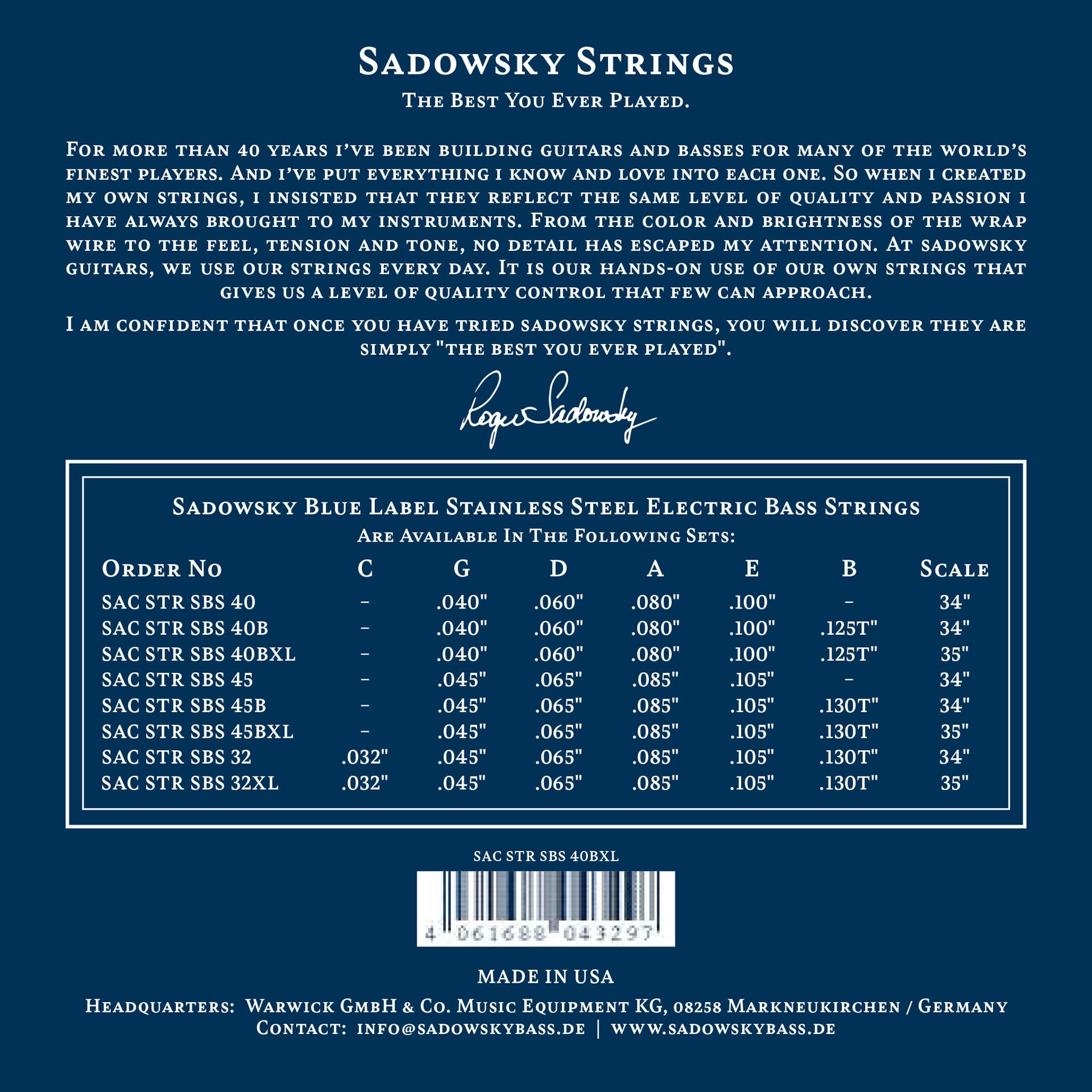 Blue Label Bass String Set, Stainless Steel, Taperwound, Extra Long Scale (35") - 5-String, .040-.12