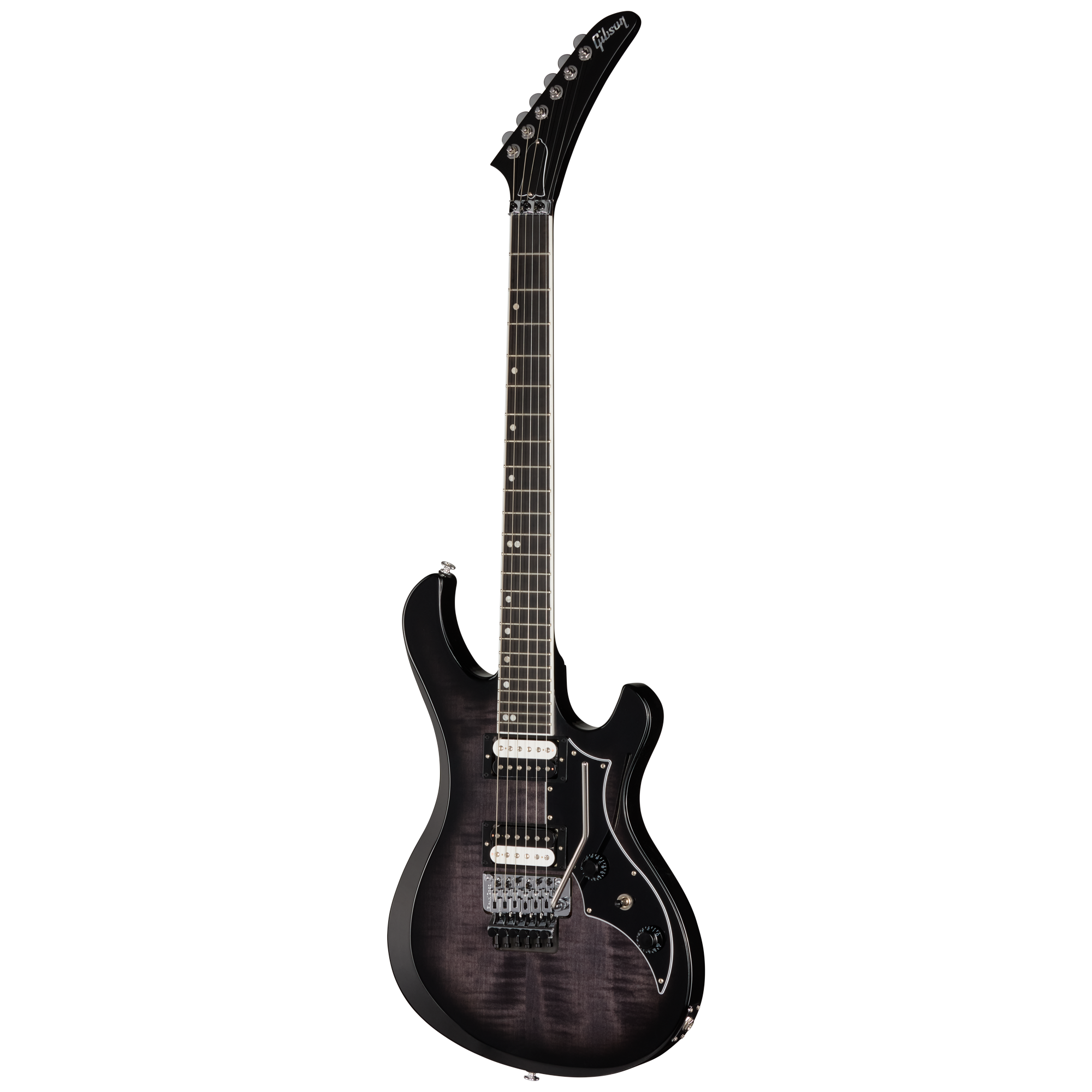 E-Gitarre, Schwarzer Korpus, Flamed-Maple-Decke, Zwei Humbucker, Tremolo-System